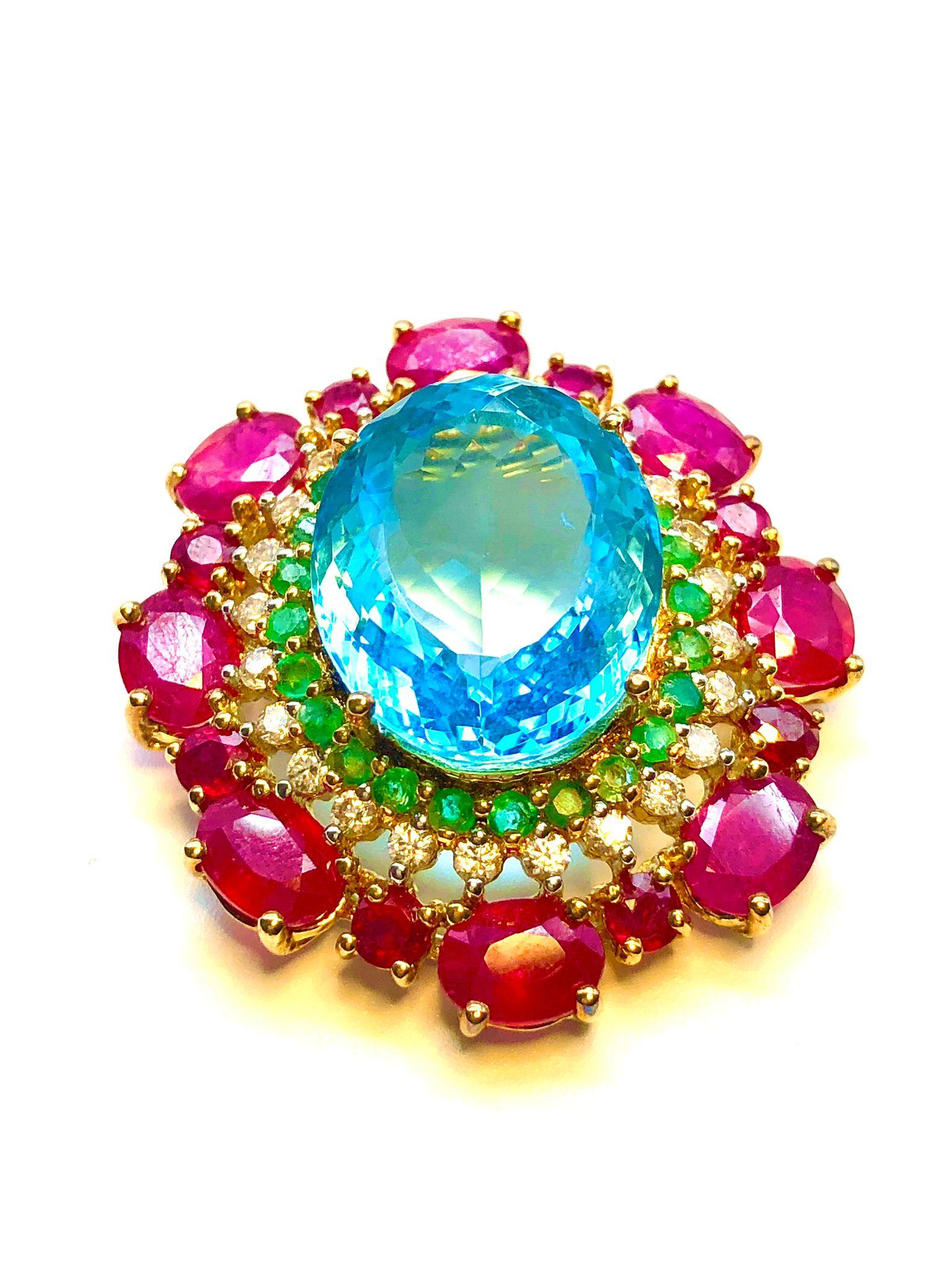 Art Deco Bochic “Orient” Ruby, Blue Topaz & Diamond Brooch or Pendent Set In 18K Gold & For Sale