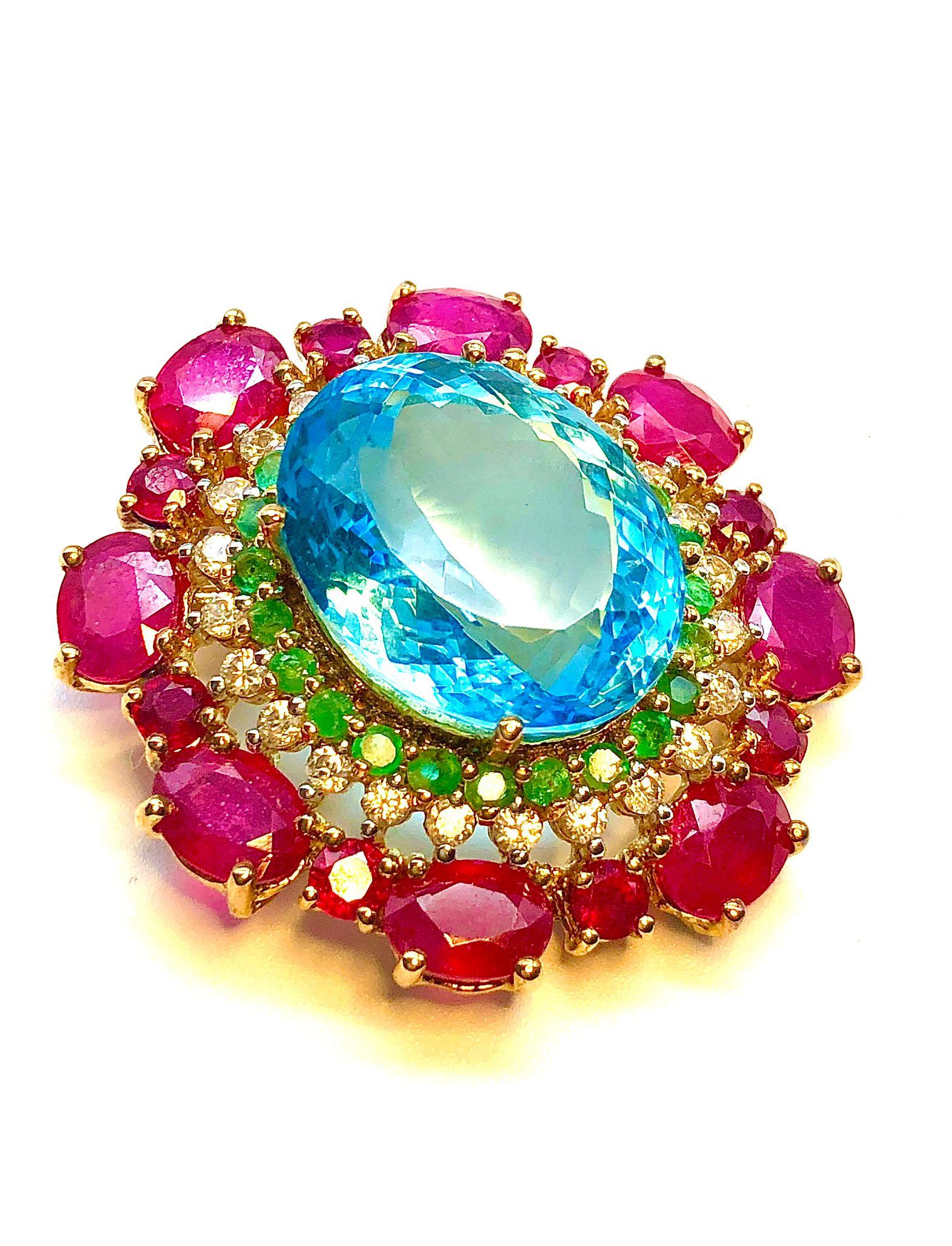 Brilliant Cut Bochic “Orient” Ruby, Blue Topaz & Diamond Brooch or Pendent Set In 18K Gold & For Sale