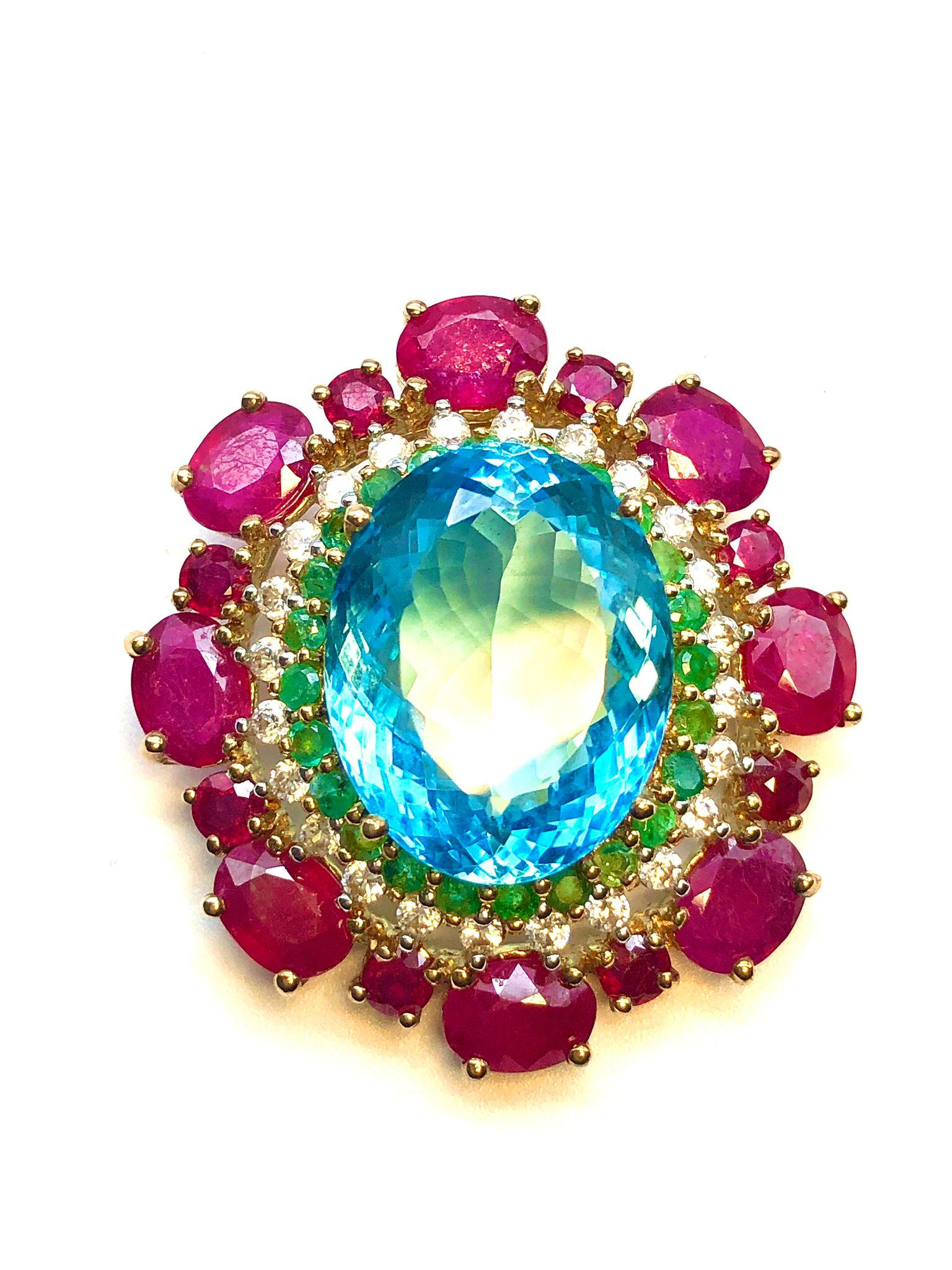 Bochic “Orient” Ruby, Blue Topaz & Diamond Brooch or Pendent Set In 18K Gold & For Sale 2