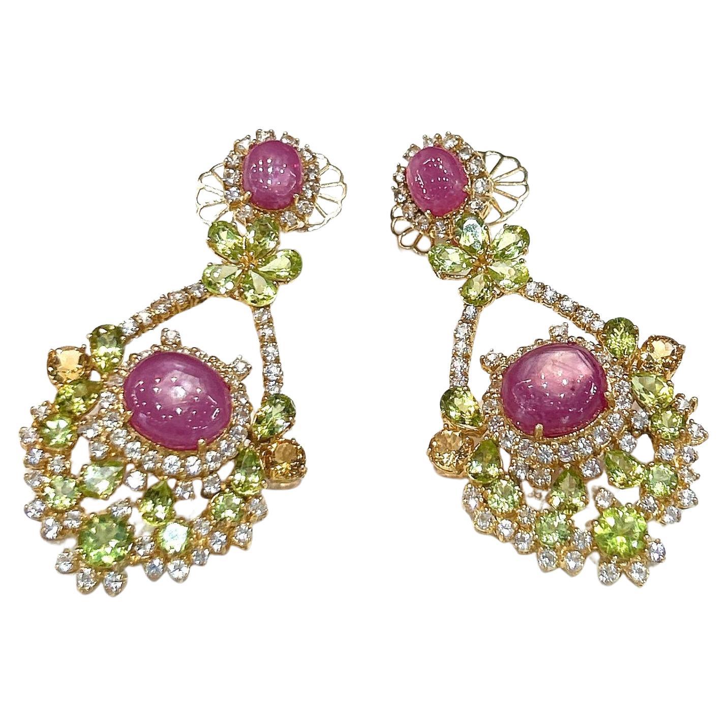 Pendientes Bochic "Oriente" de rubí, citrino y peridoto engastados en oro de 18 quilates y plata