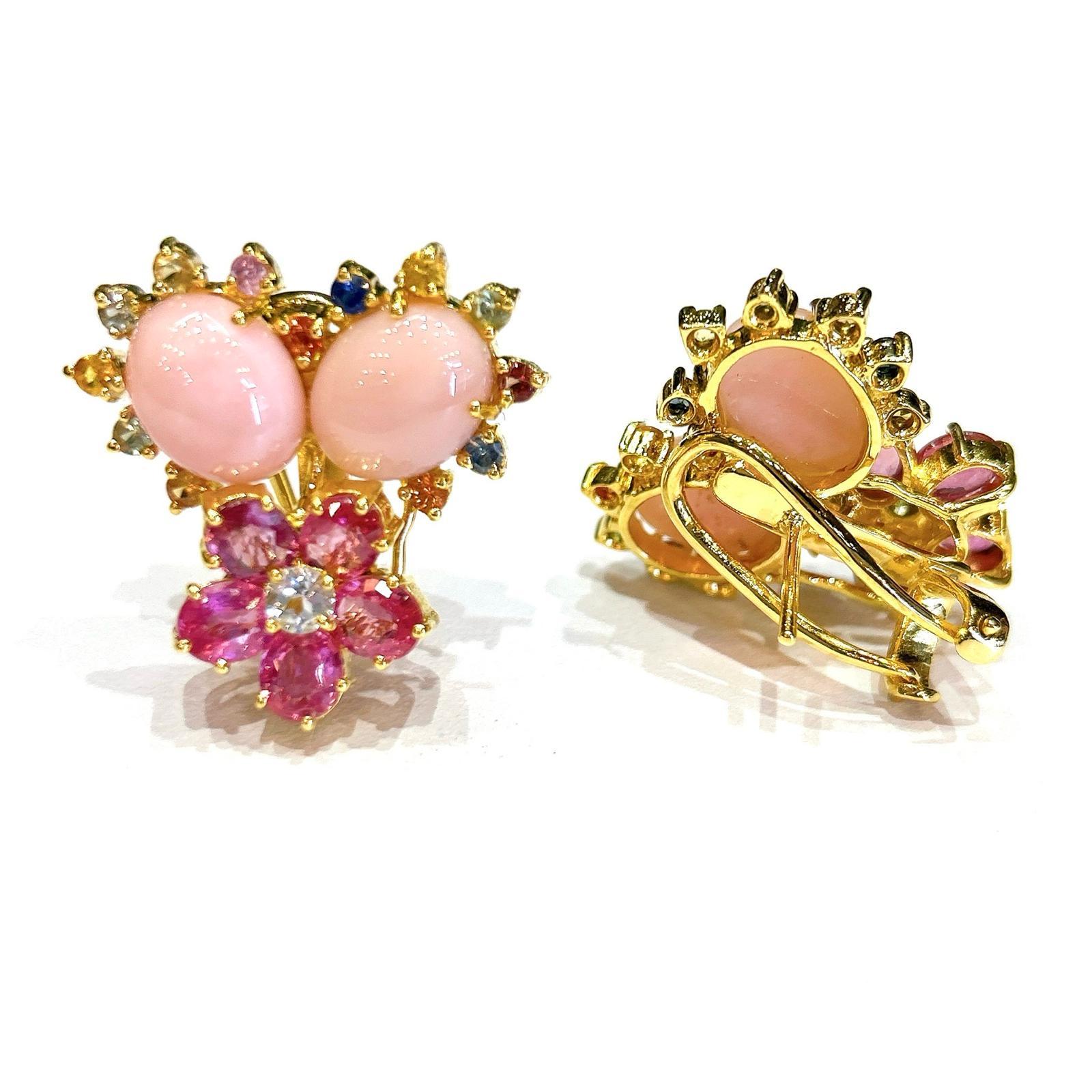 Brilliant Cut Bochic “Orient” Ruby, Coral & Multi Sapphire Earrings Set In 18K & Silver  For Sale