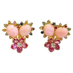 Bochic “Orient” Ruby, Coral & Multi Sapphire Earrings Set In 18K & Silver 