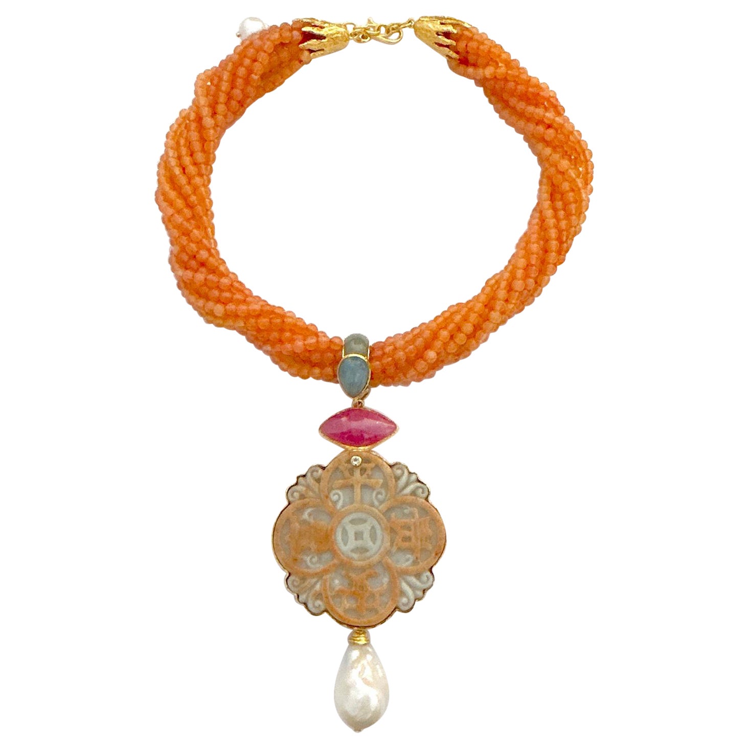 Bochic “Orient” Ruby, Cornelian, Jade,  Aquamarine 
Pearl Necklace Drop
