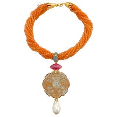 Bochic “Orient” Ruby, Cornelian, Jade,  Aquamarine & Pearl Necklace Drop