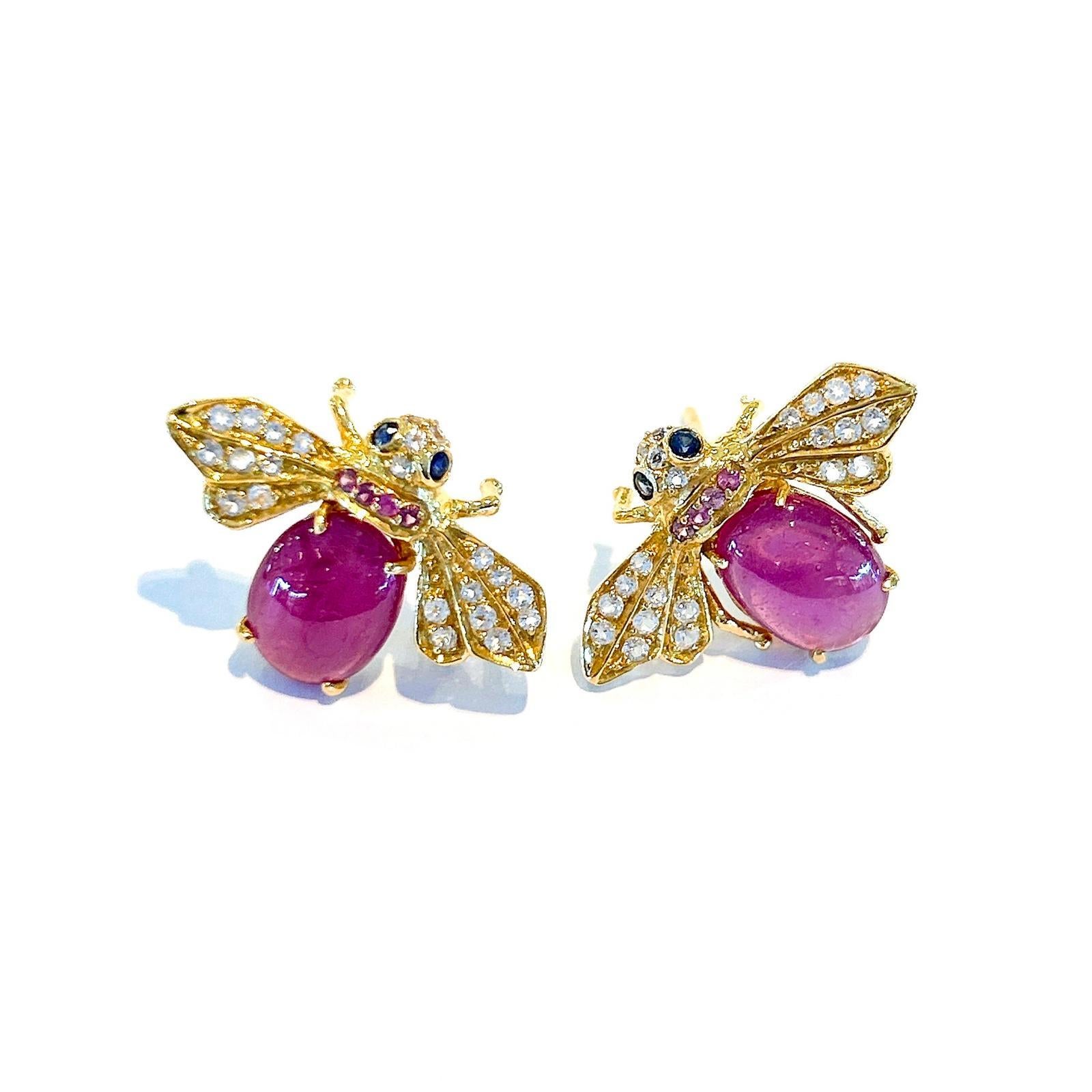 Belle Époque Bochic “Orient” Ruby Earrings with White Topaz & Blue Sapphire Set in 22k Gold For Sale