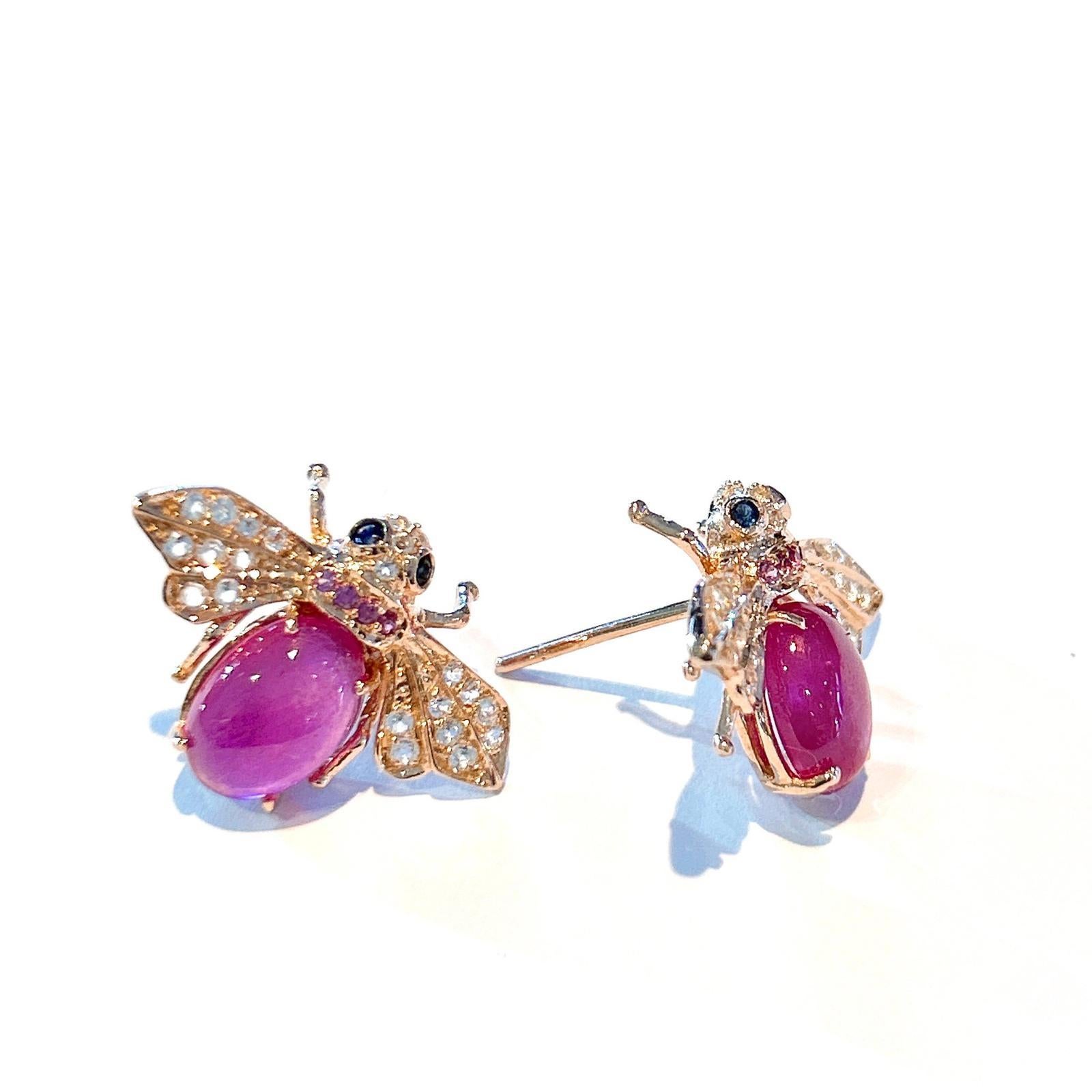 “Orient” Ruby Earrings with White Topaz & Blue Sapphire Set in 22k Gold 1