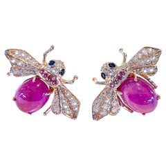 Bochic “Orient” Ruby Earrings with White Topaz & Blue Sapphire Set in 22k Gold