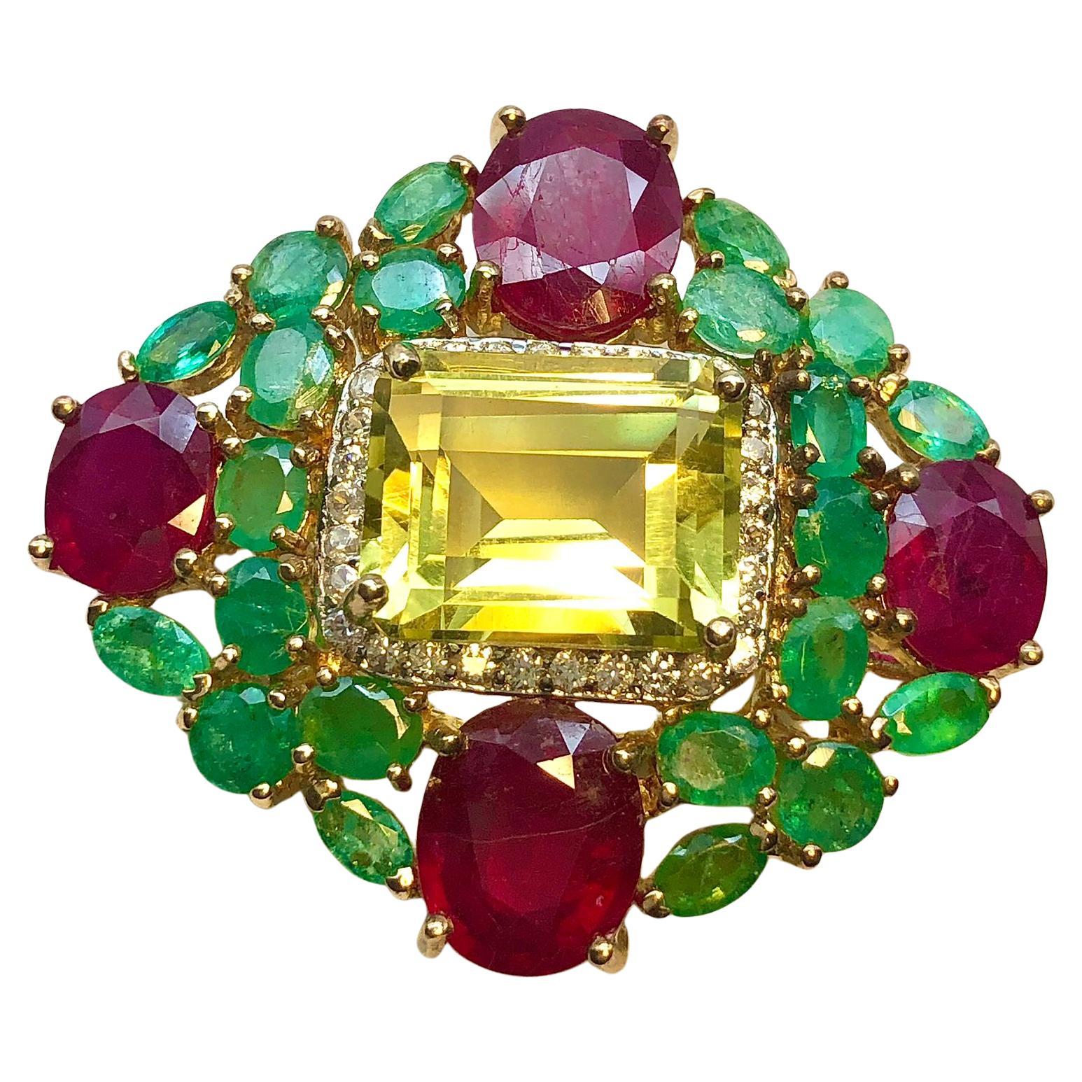 Bochic “Orient” Ruby & Emerald Brooch or Pendent Set In 18K Gold & Silver