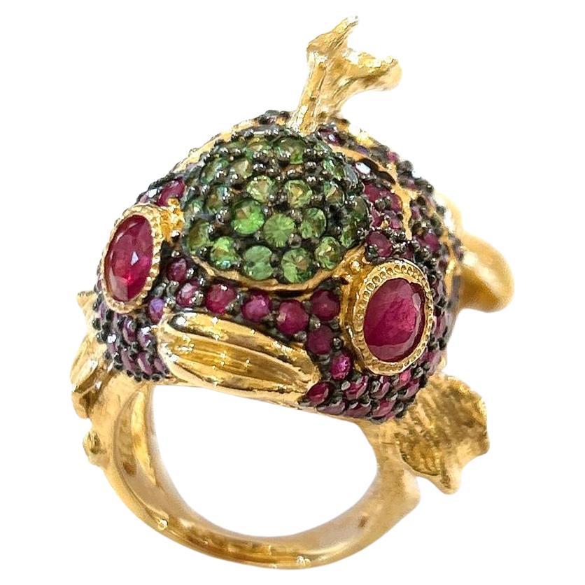 Anello da cocktail multi gemma con rubino e smeraldo 