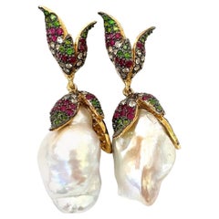 Bochic "Orient" Rubin, Smaragd, Perlen & Saphir Ohrringe Set 18K Gold & Silber