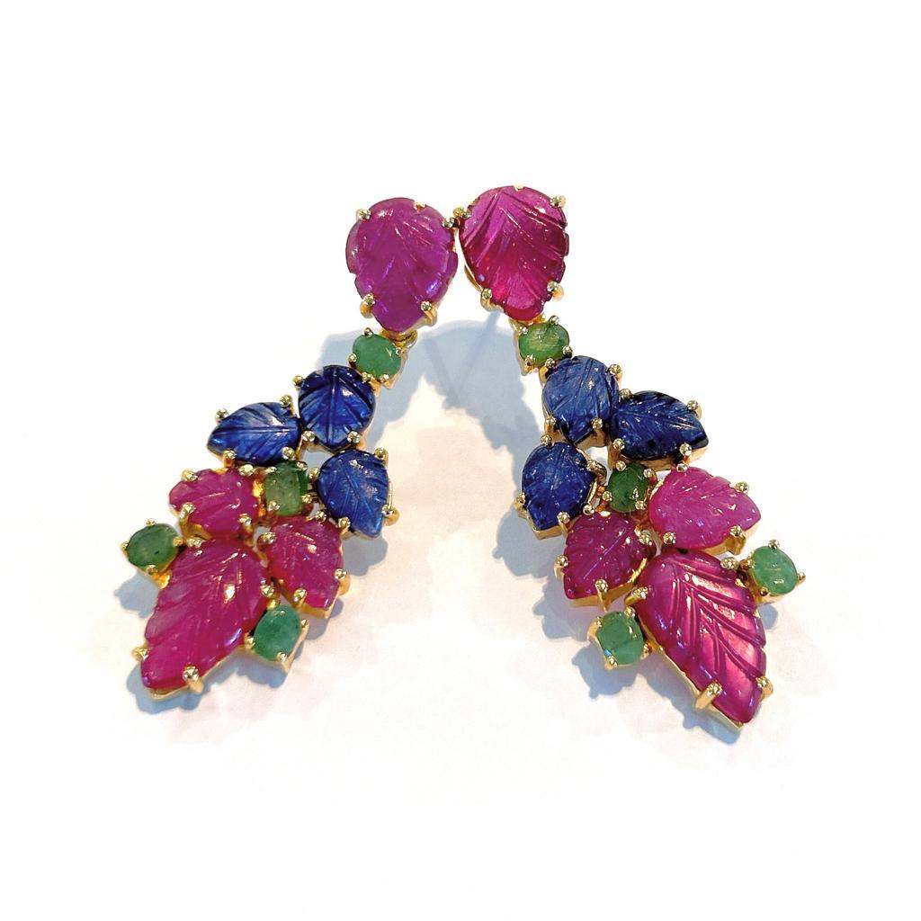 Baroque Bochic “Orient” Ruby, Emerald & Sapphire Earrings Set In 18K Gold & Silver  For Sale
