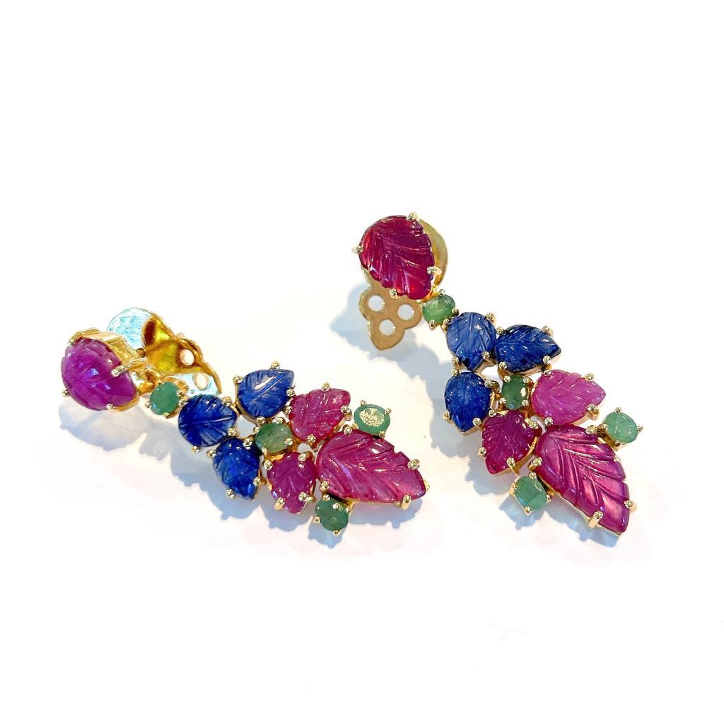 Cabochon Bochic “Orient” Ruby, Emerald & Sapphire Earrings Set In 18K Gold & Silver  For Sale