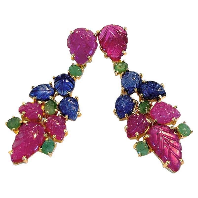 Bochic “Orient” Ruby, Emerald & Sapphire Earrings Set In 18K Gold & Silver  For Sale