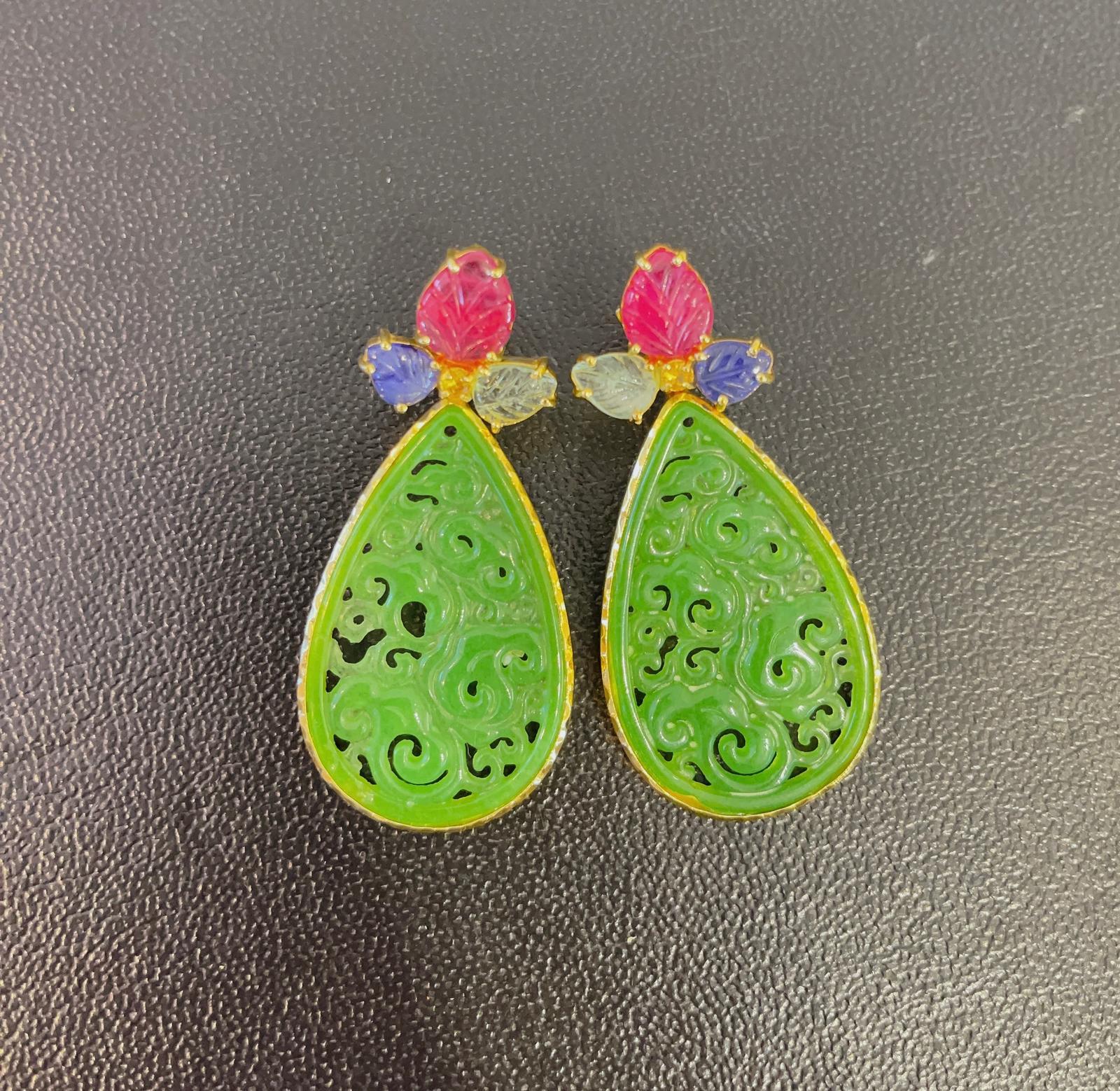 Bochic “Orient” Ruby, Emerald & Sapphire Earrings Set In 22K Gold & Silver 
From the “Orient” collection 
Natural Ruby - 5 carats 
Natural Blue color sapphires  - 2 carats
From Sri Lanka 
Natural Light Green Emeralds - 2 carats 
From Zambia 
Set in