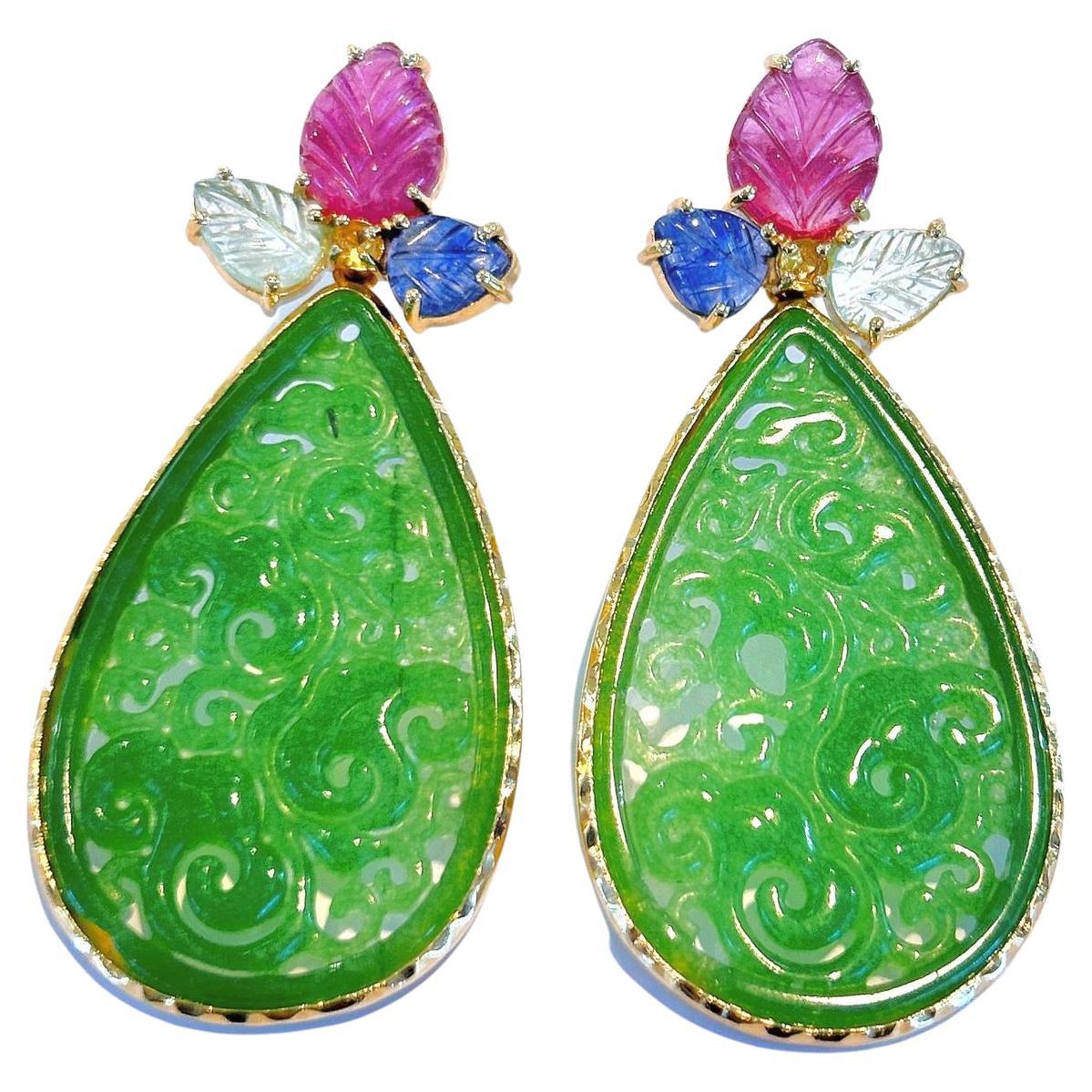 “Orient” Ruby, Emerald & Sapphire Earrings Set in 22k Gold & Silver For Sale