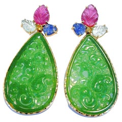 “Orient” Ruby, Emerald & Sapphire Earrings Set in 22k Gold & Silver