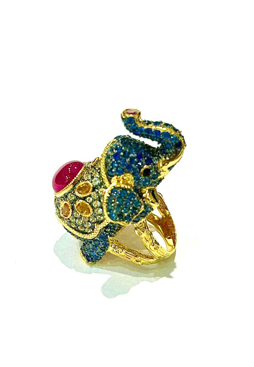 Bochic “Orient” Ruby, Emerald & Sapphire Elephant Rings Set In 18K Gold & Silver en venta 4