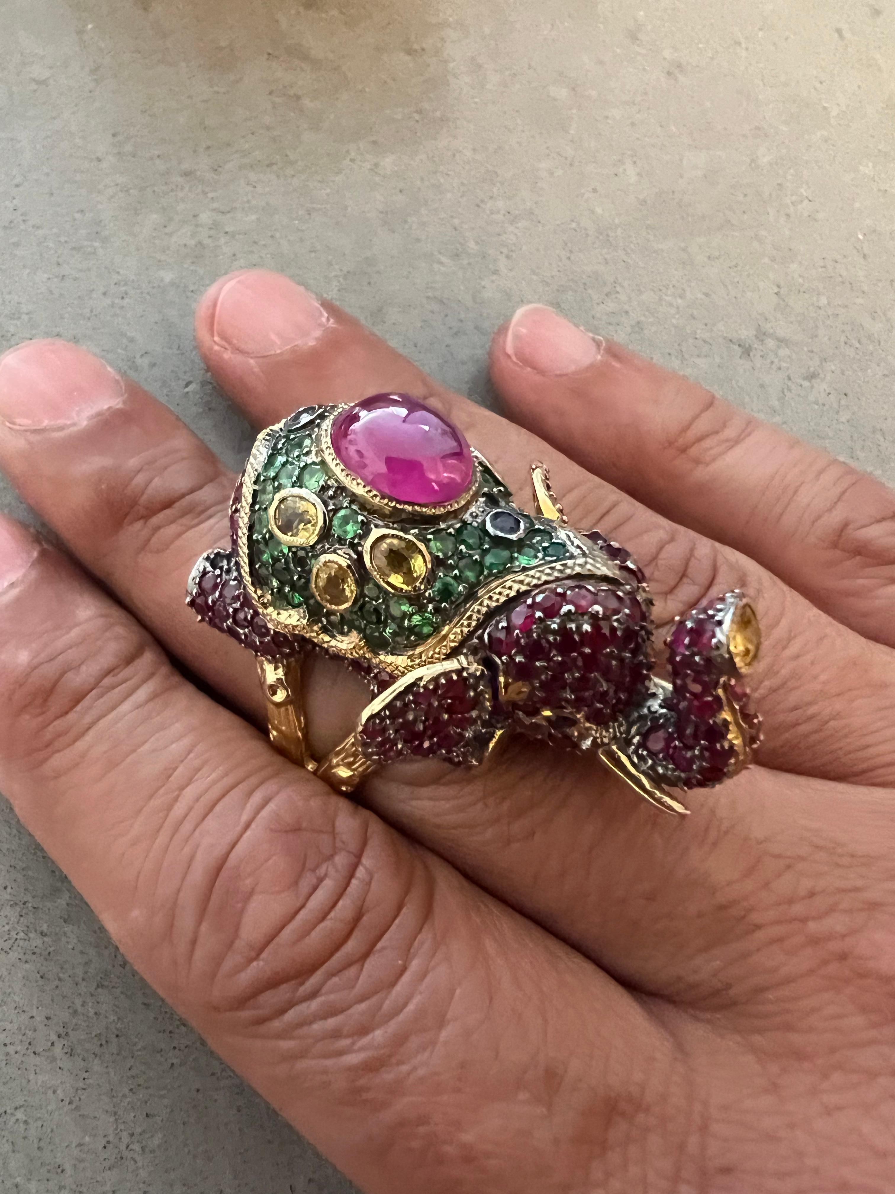 Bochic “Orient” Ruby, Emerald & Sapphire Elephant Rings Set in 22k Gold & Silver For Sale 4