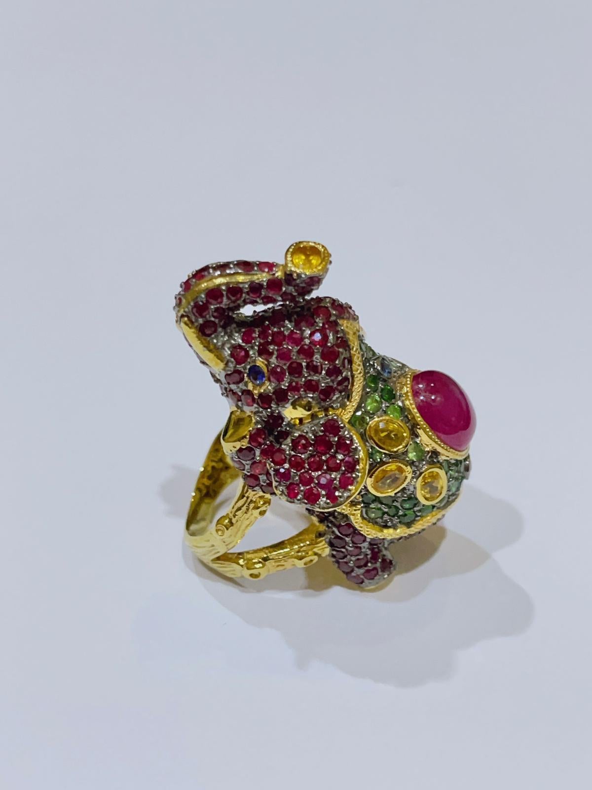 Bochic “Orient” Ruby, Emerald & Sapphire Elephant Rings Set in 22k Gold & Silver For Sale 5