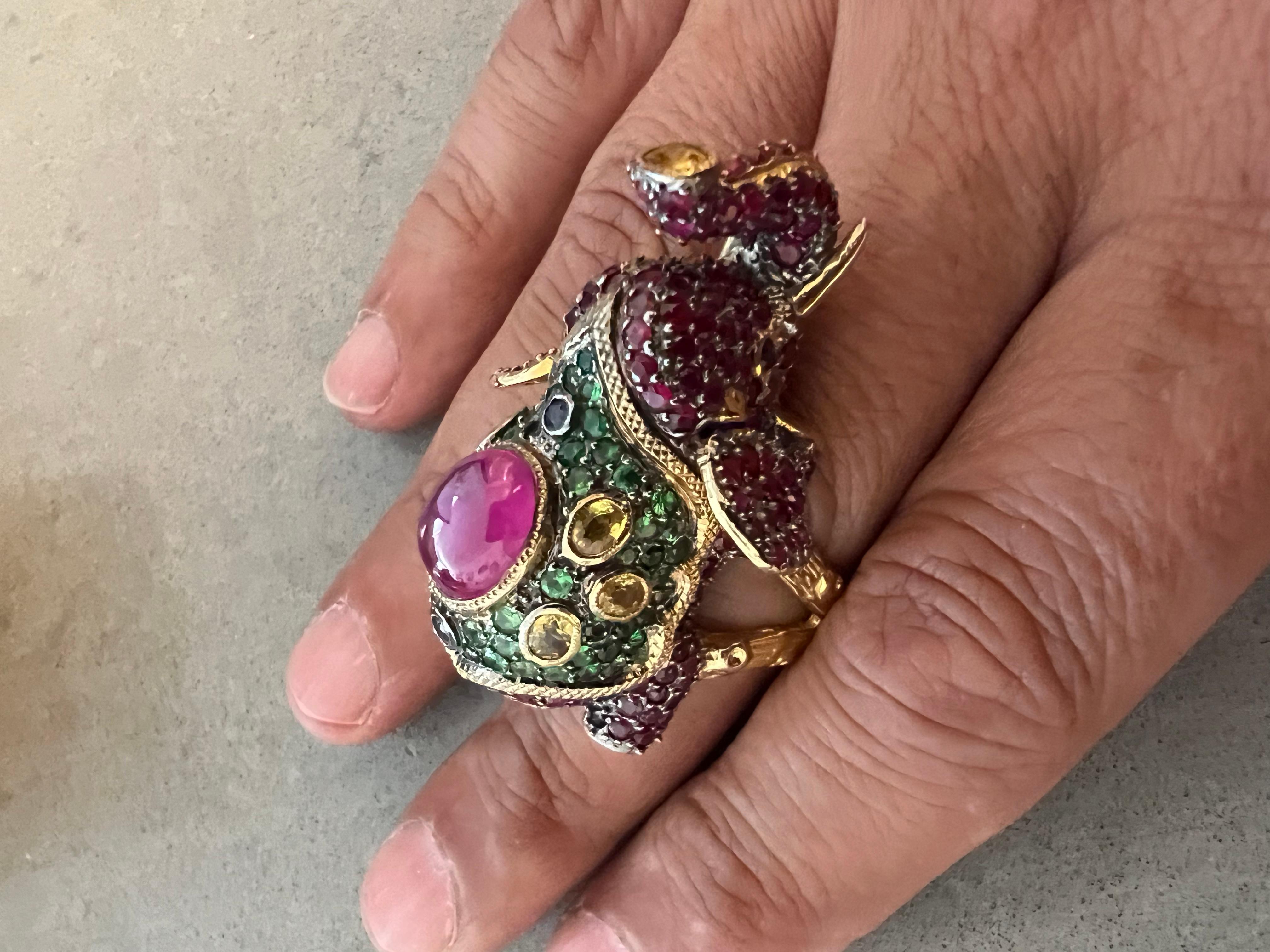Bochic “Orient” Ruby, Emerald & Sapphire Elephant Rings Set in 22k Gold & Silver For Sale 6