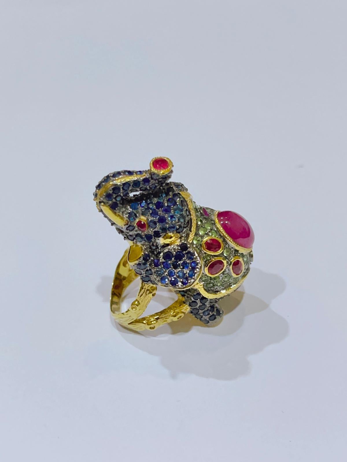 Bochic “Orient” Ruby, Emerald & Sapphire Elephant Rings Set in 22k Gold & Silver For Sale 9