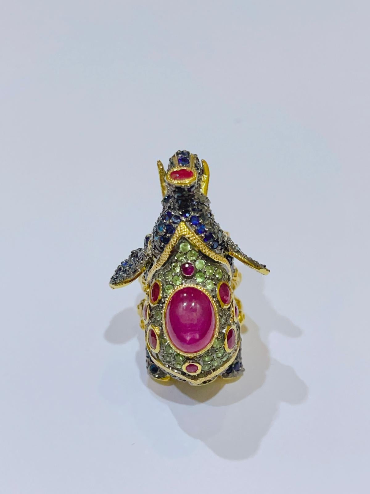 Bochic “Orient” Ruby, Emerald & Sapphire Elephant Rings Set in 22k Gold & Silver For Sale 10