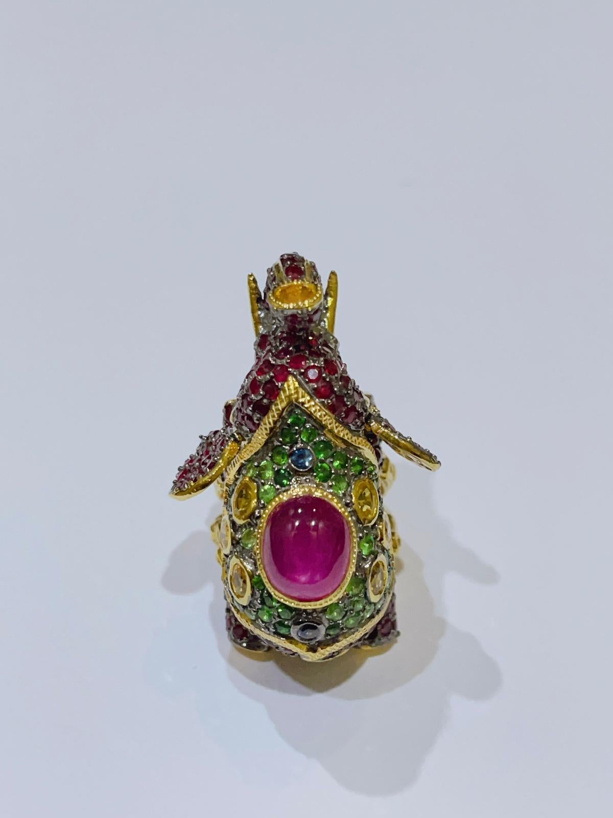 Belle Époque Bochic “Orient” Ruby, Emerald & Sapphire Elephant Rings Set in 22k Gold & Silver For Sale