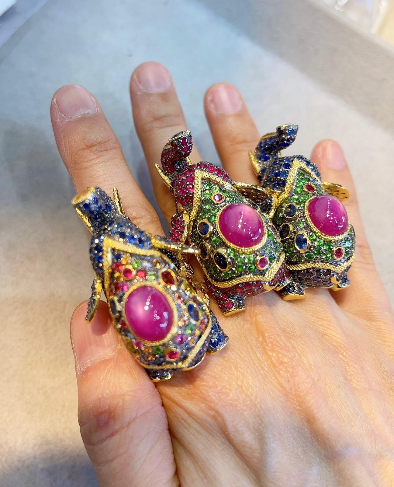 British Colonial Bochic “Orient” Ruby, Emerald & Sapphire Elephant Rings Set in 22k Gold & Silver For Sale