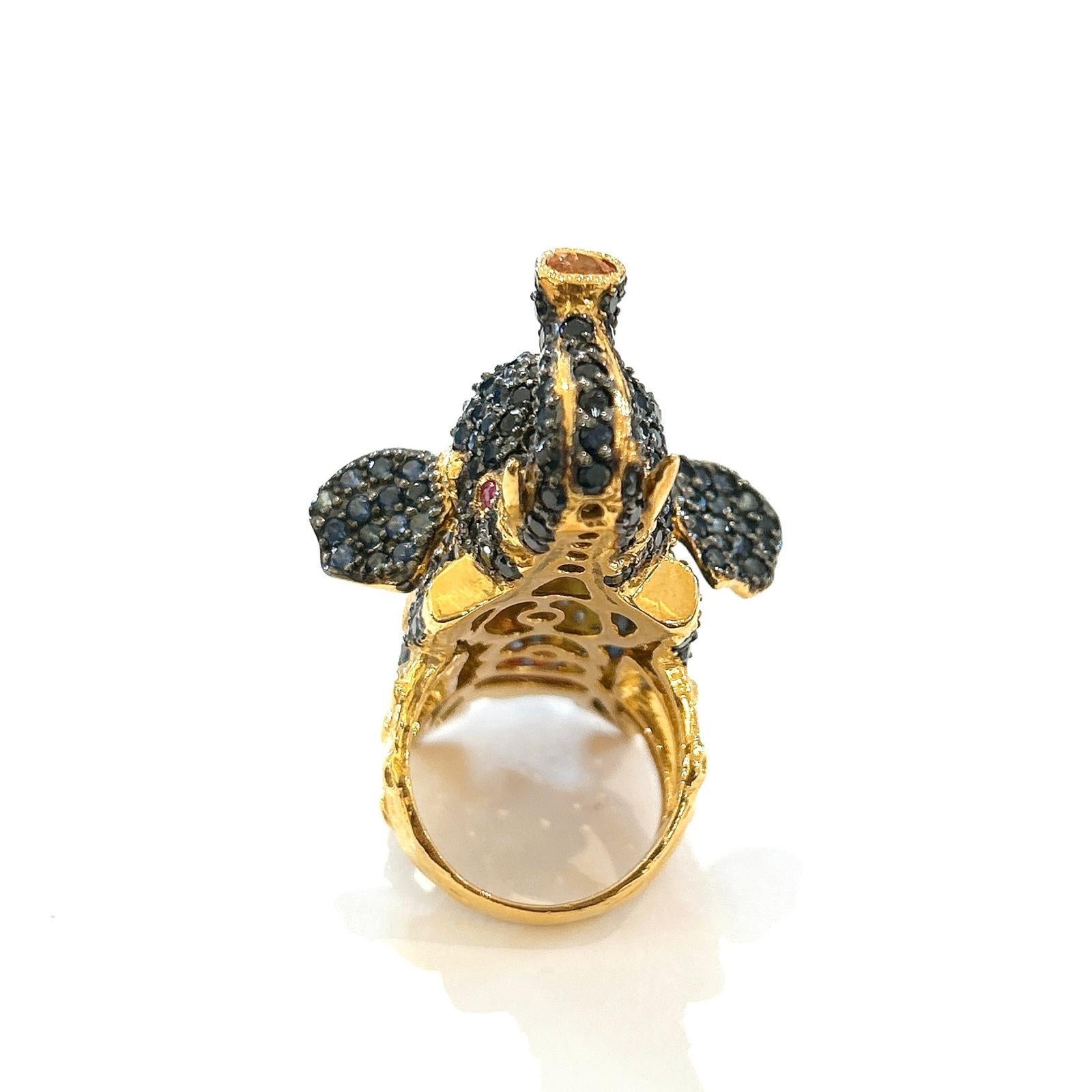 Anglo-Indian Bochic “Orient” Ruby, Emerald & Sapphire Elephant Rings Set In 22K Gold & Silver