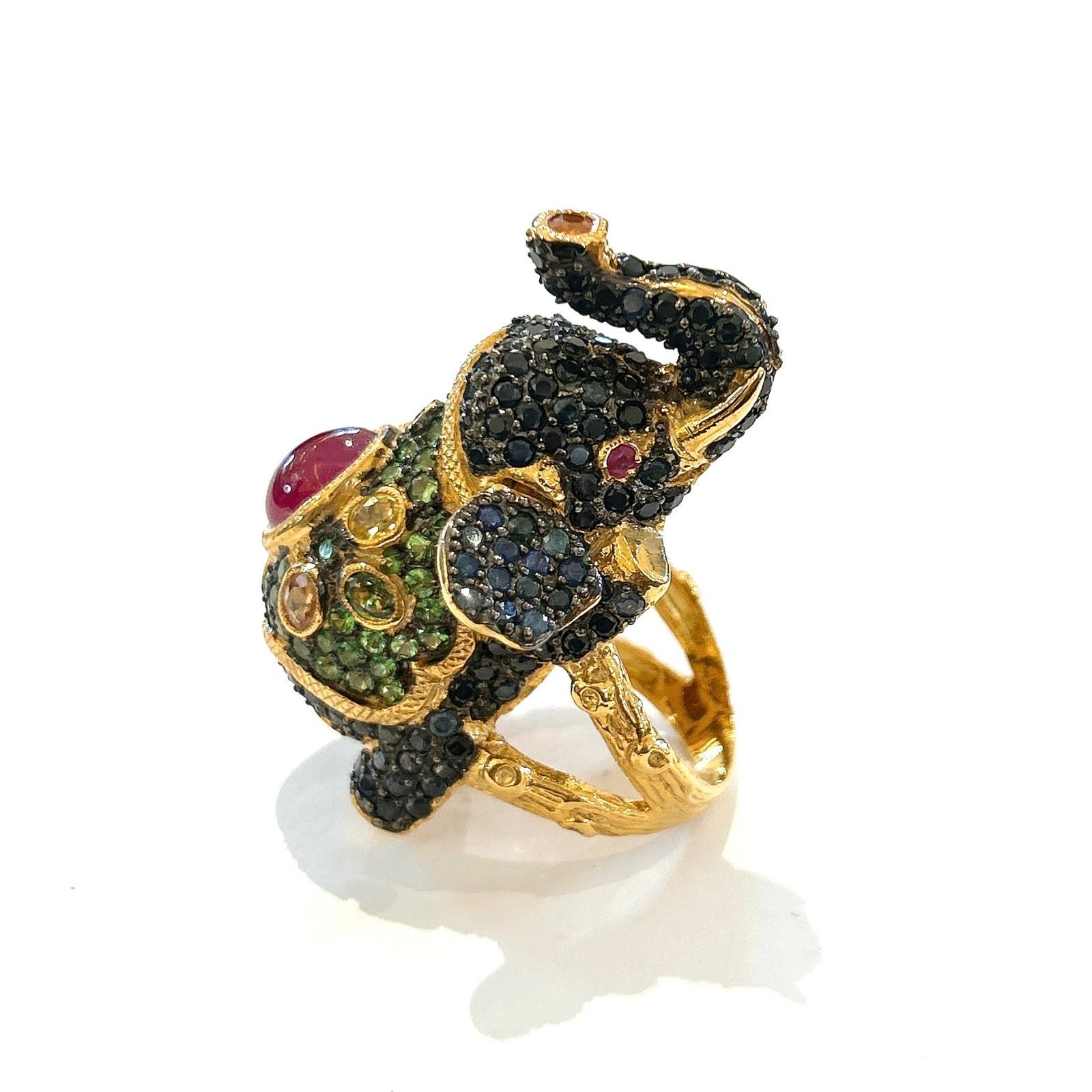 Bochic “Orient” Ruby, Emerald & Sapphire Elephant Rings Set In 22K Gold & Silver In New Condition In New York, NY