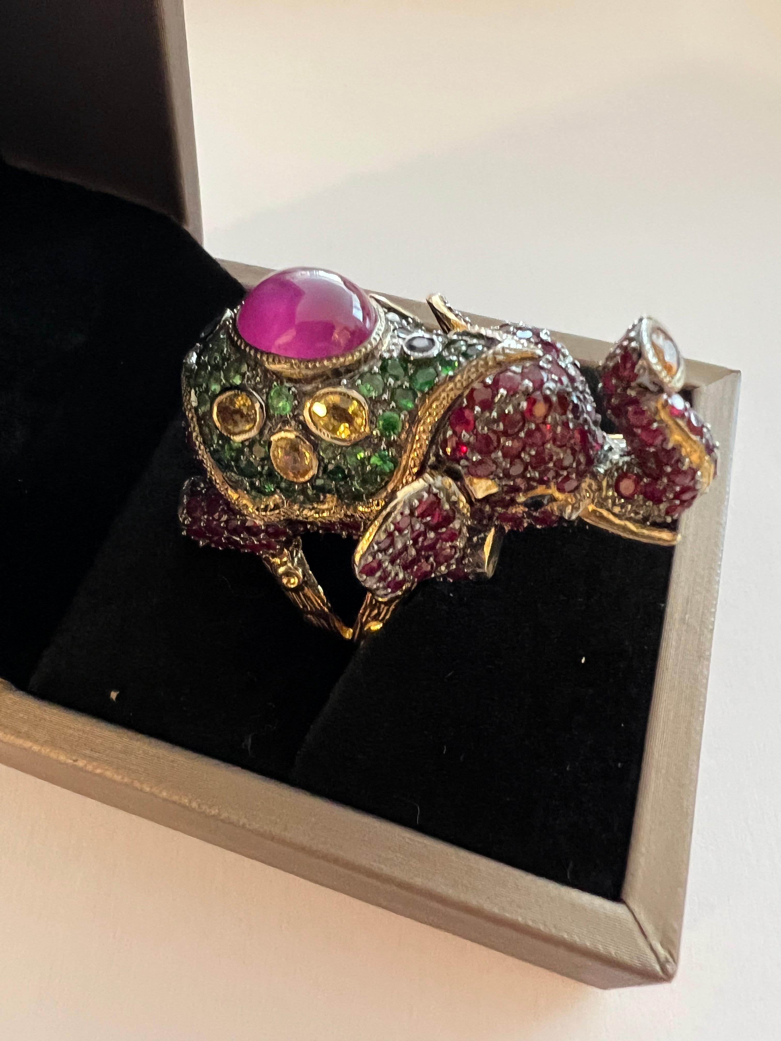 Women's Bochic “Orient” Ruby, Emerald & Sapphire Elephant Rings Set in 22k Gold & Silver For Sale