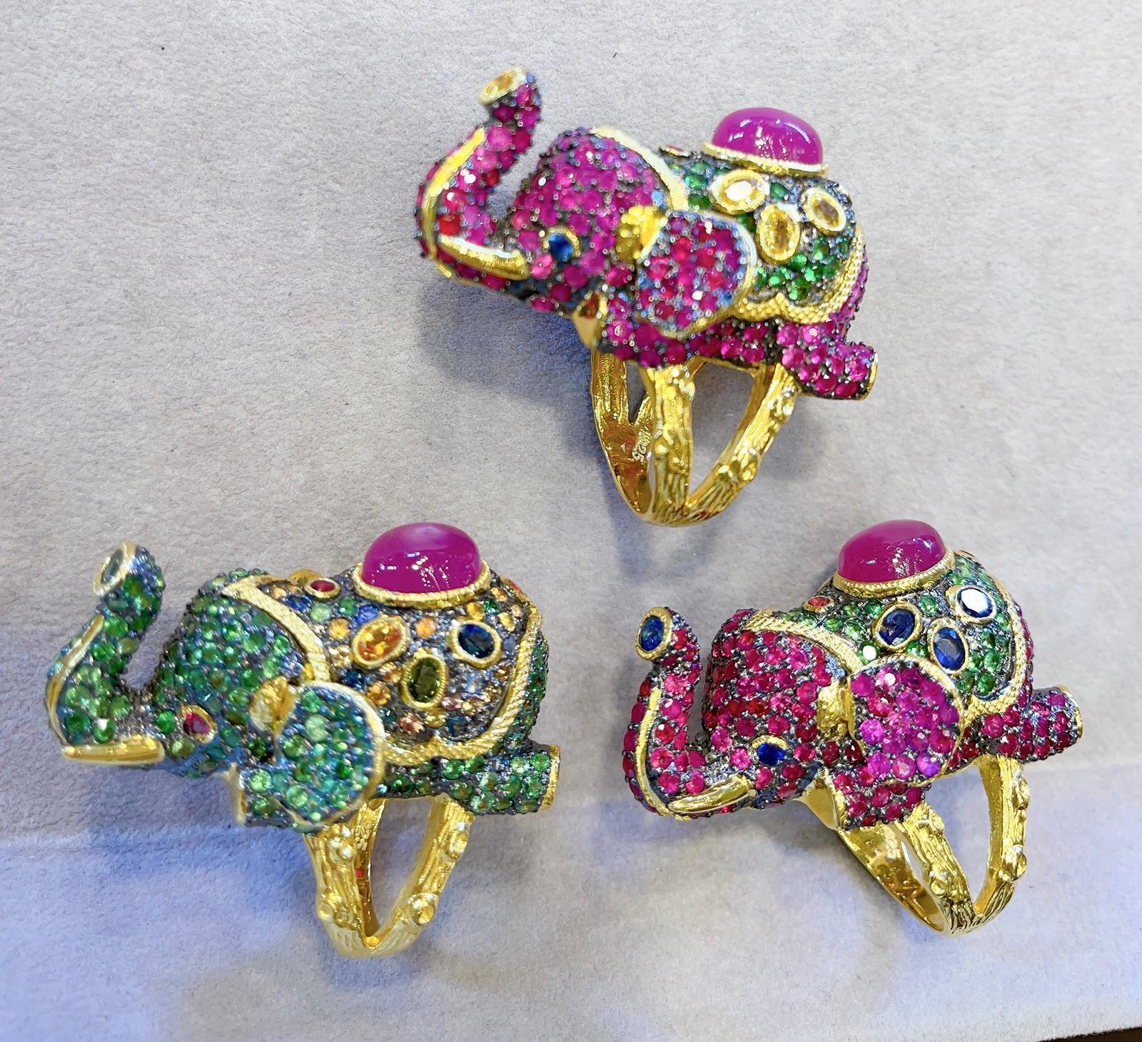 Women's Bochic “Orient” Ruby, Emerald & Sapphire Elephant Rings Set in 22k Gold & Silver For Sale