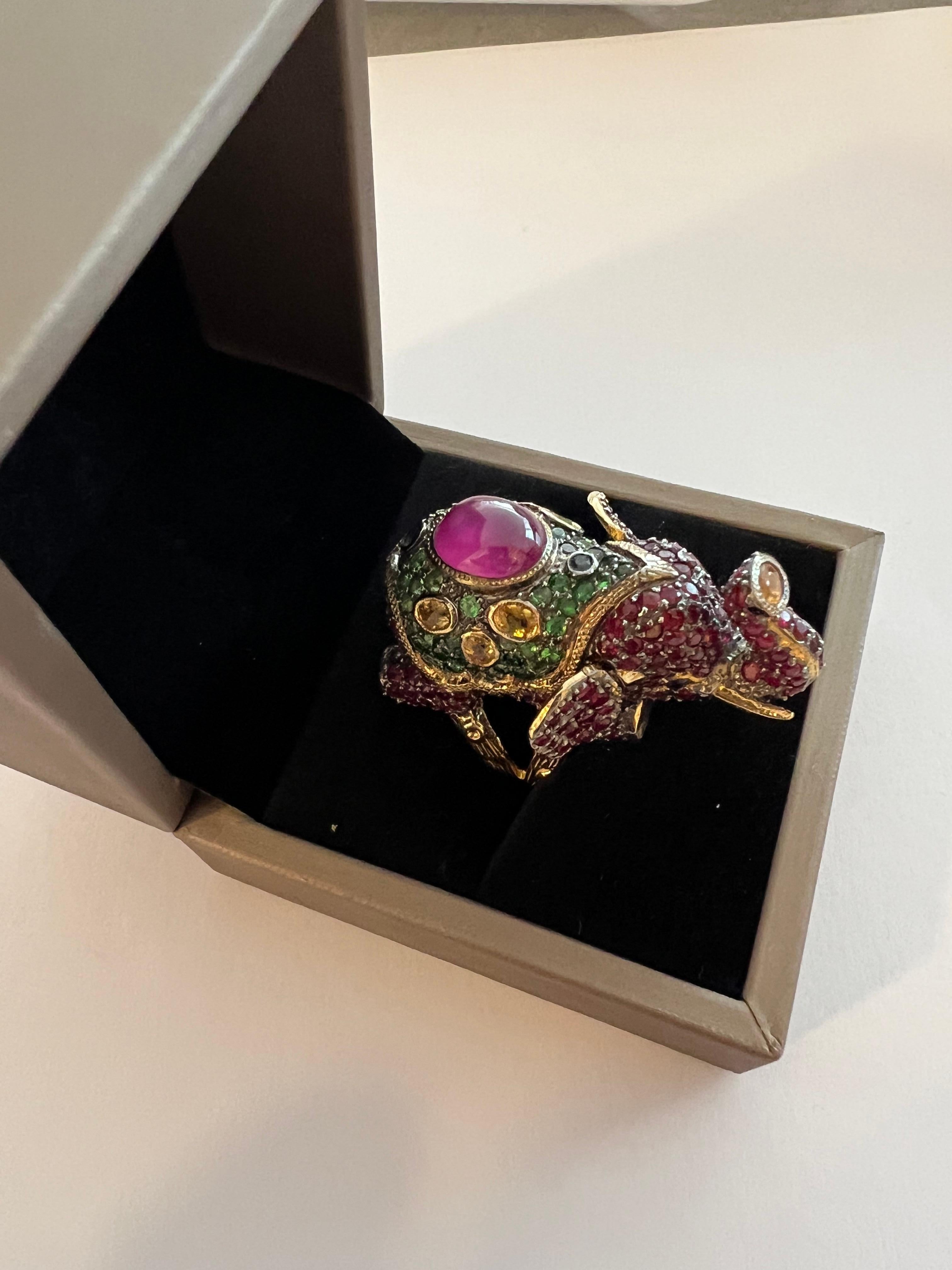Bochic “Orient” Ruby, Emerald & Sapphire Elephant Rings Set in 22k Gold & Silver For Sale 1