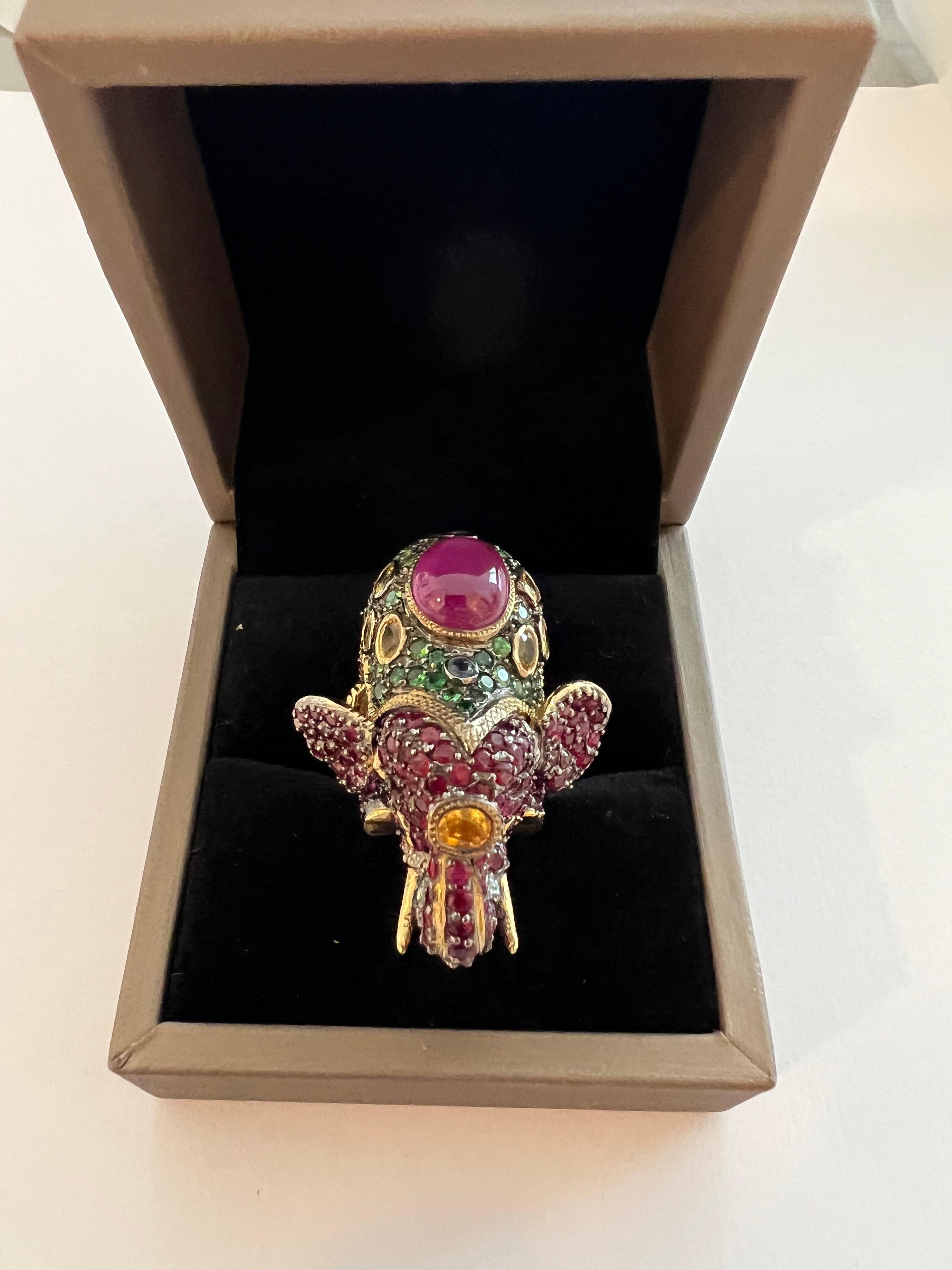 Bochic “Orient” Ruby, Emerald & Sapphire Elephant Rings Set in 22k Gold & Silver For Sale 2