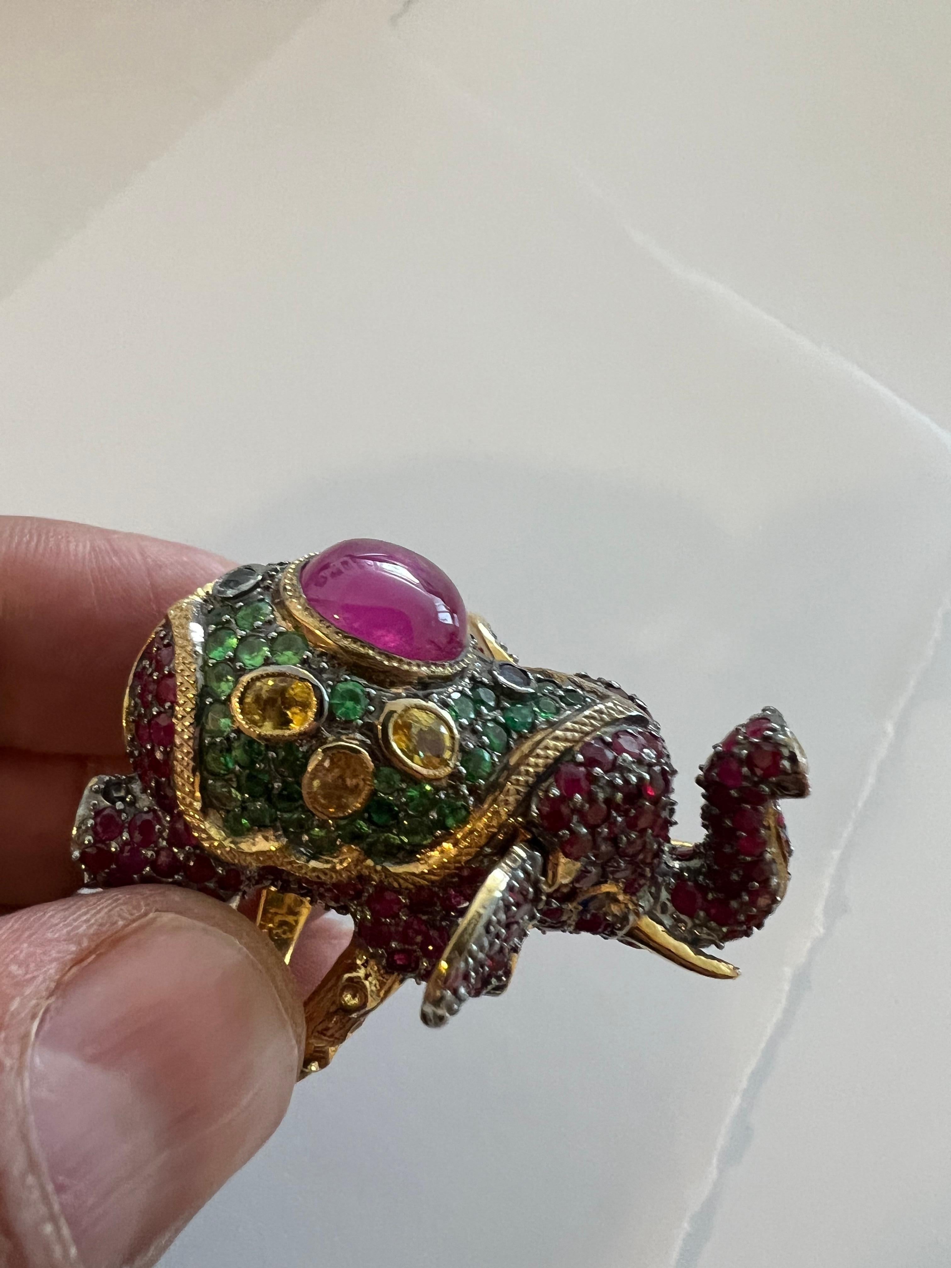 Bochic “Orient” Ruby, Emerald & Sapphire Elephant Rings Set in 22k Gold & Silver For Sale 3
