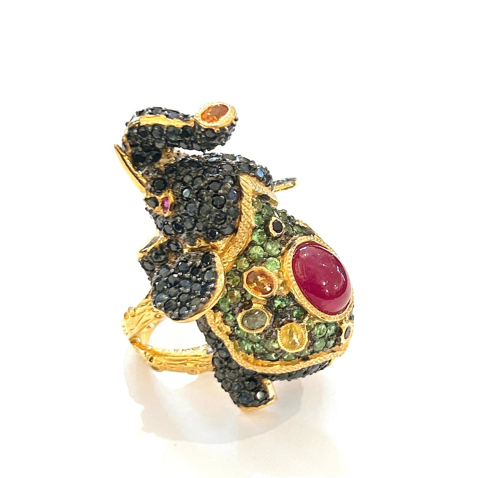 Bochic “Orient” Ruby, Emerald & Sapphire Elephant Rings Set In 22K Gold & Silver 3