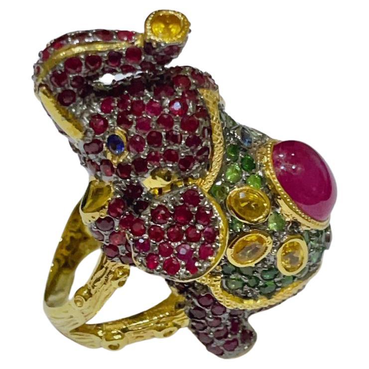 Bochic “Orient” Ruby, Emerald & Sapphire Elephant Rings Set in 22k Gold & Silver For Sale