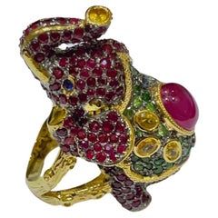 Used Bochic “Orient” Ruby, Emerald & Sapphire Elephant Rings Set in 22k Gold & Silver