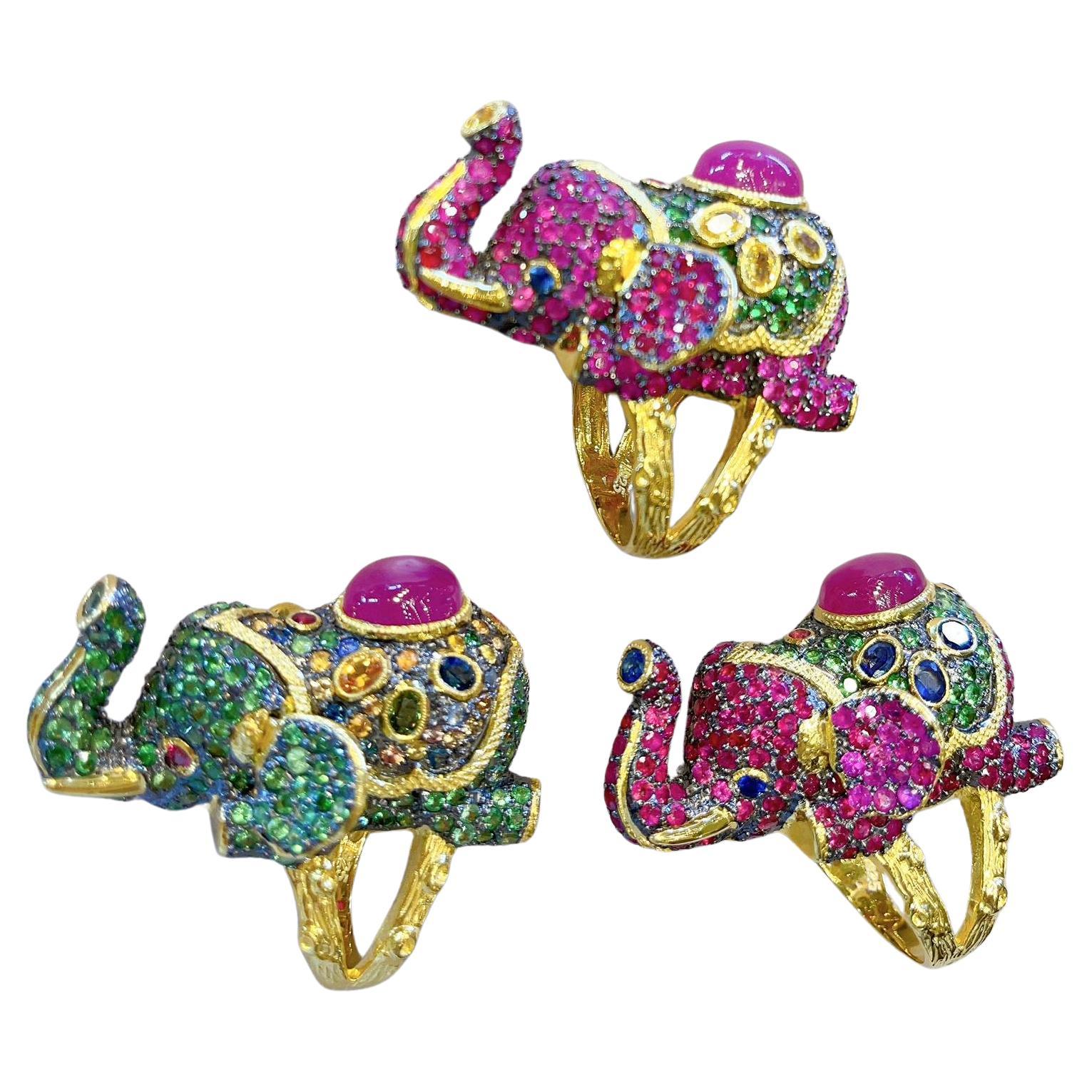 Bochic “Orient” Ruby, Emerald & Sapphire Elephant Rings Set in 22k Gold & Silver For Sale
