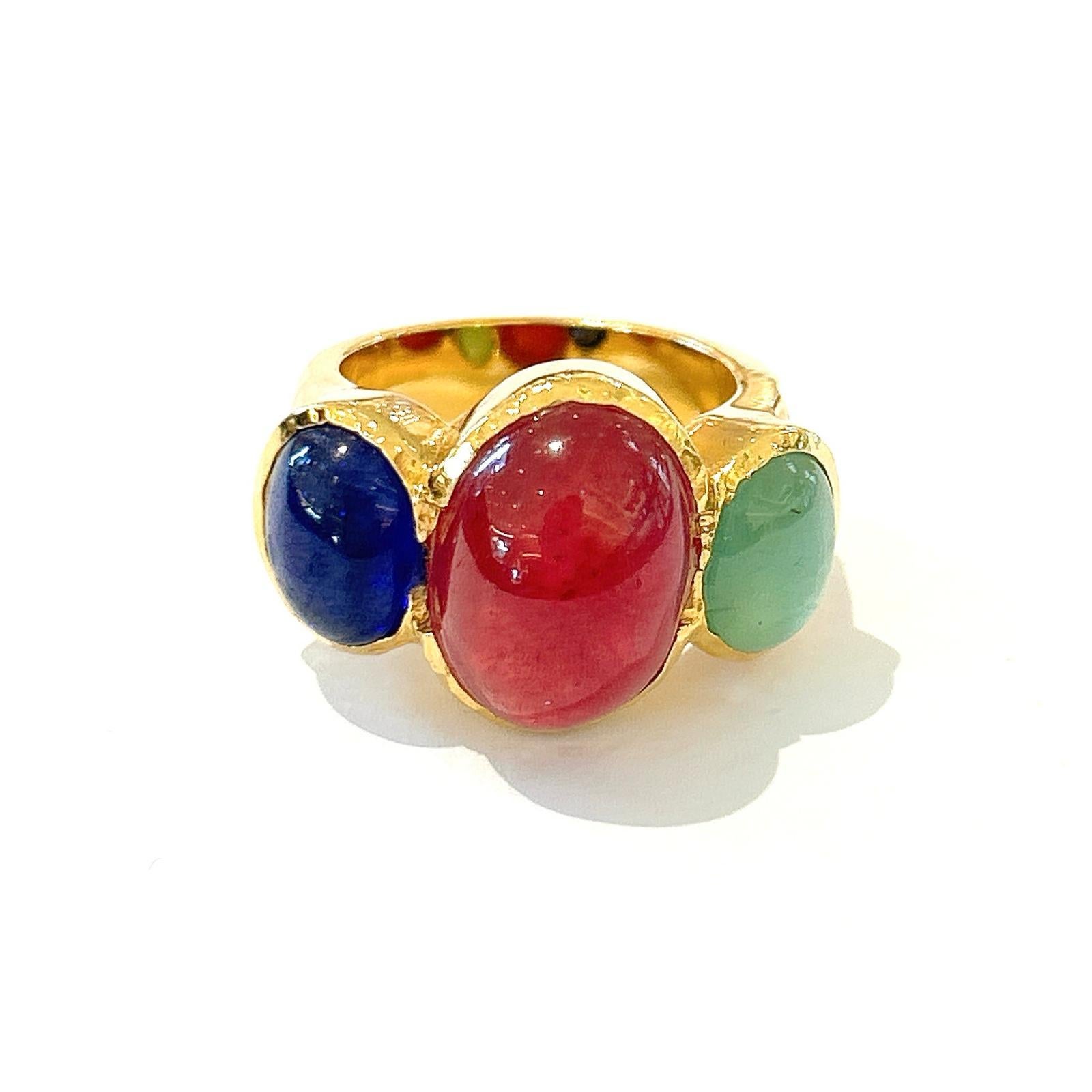 Bochic “Orient” Ruby, Emerald & Sapphire Vintage 3 Gem Ring Set 18K & Silver 

Red natural Ruby, Oval cabochon shape - 13 carats 
Blue Natural Sapphire, Oval shape - 4 carats 
Green Natural Emerald, Oval shape - 2 carats 

This Ring is from the
