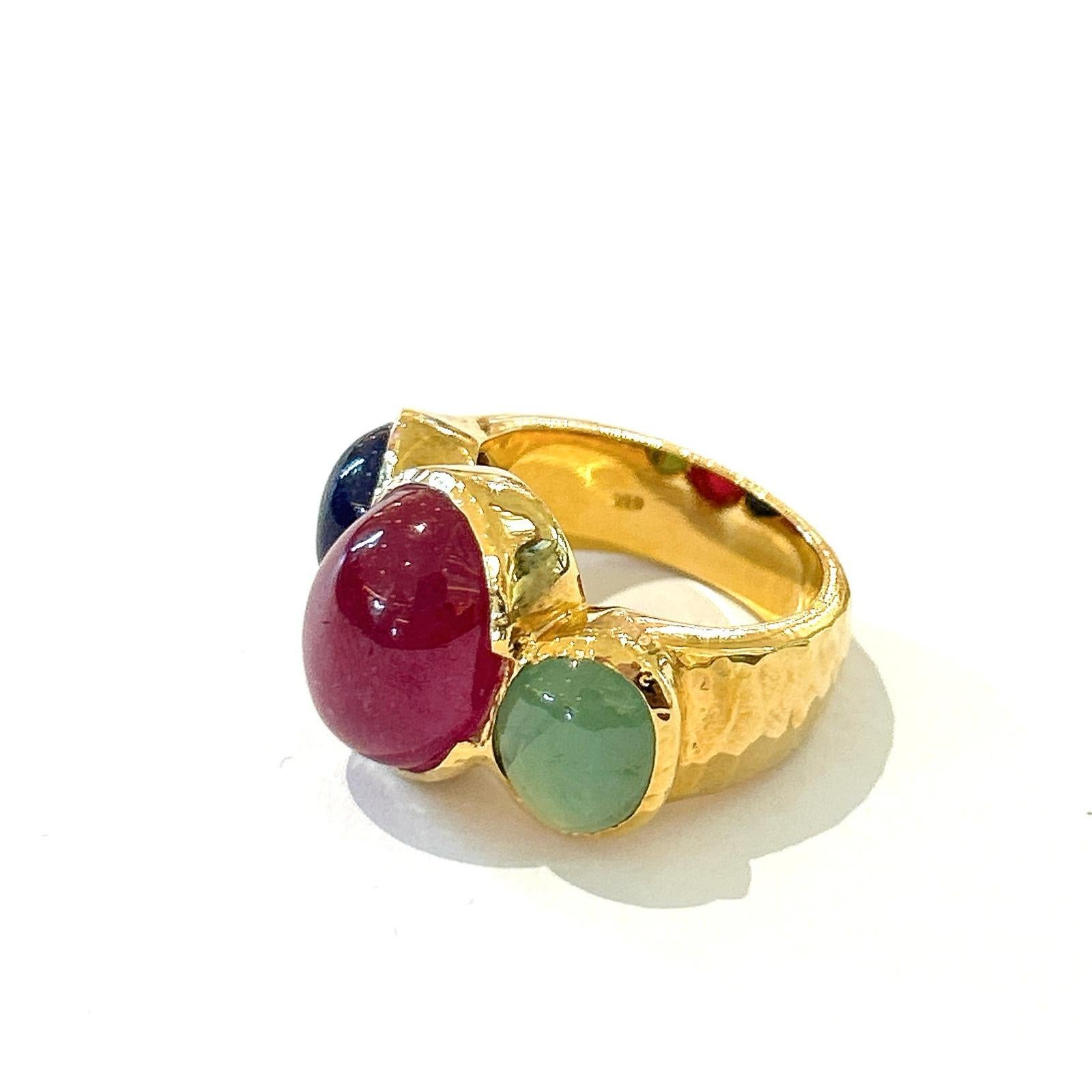 Art Deco Bochic “Orient” Ruby, Emerald & Sapphire Vintage 3 Gem Ring Set 18K & Silver  For Sale