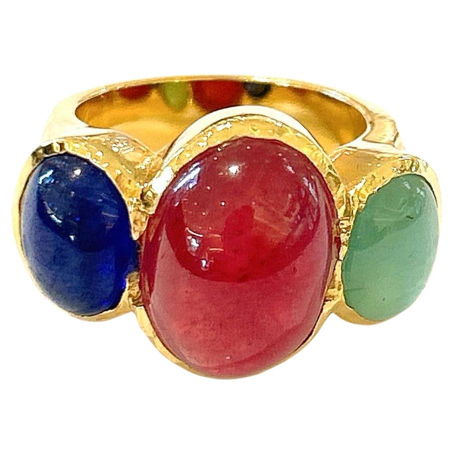 Bochic Orient Rubis, Emeraude & Saphir Vintage 3 Gemme Ring Set 18K & Silver  en vente