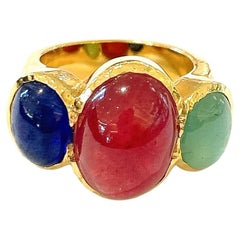 Bochic Orient Rubis, Emeraude & Saphir Vintage 3 Gemme Ring Set 18K & Silver 