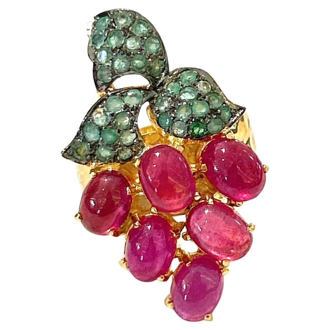 Bochic Orient Rubin, Smaragd & Saphir Vintage Cluster-Ring Set 18K & Silber  im Angebot