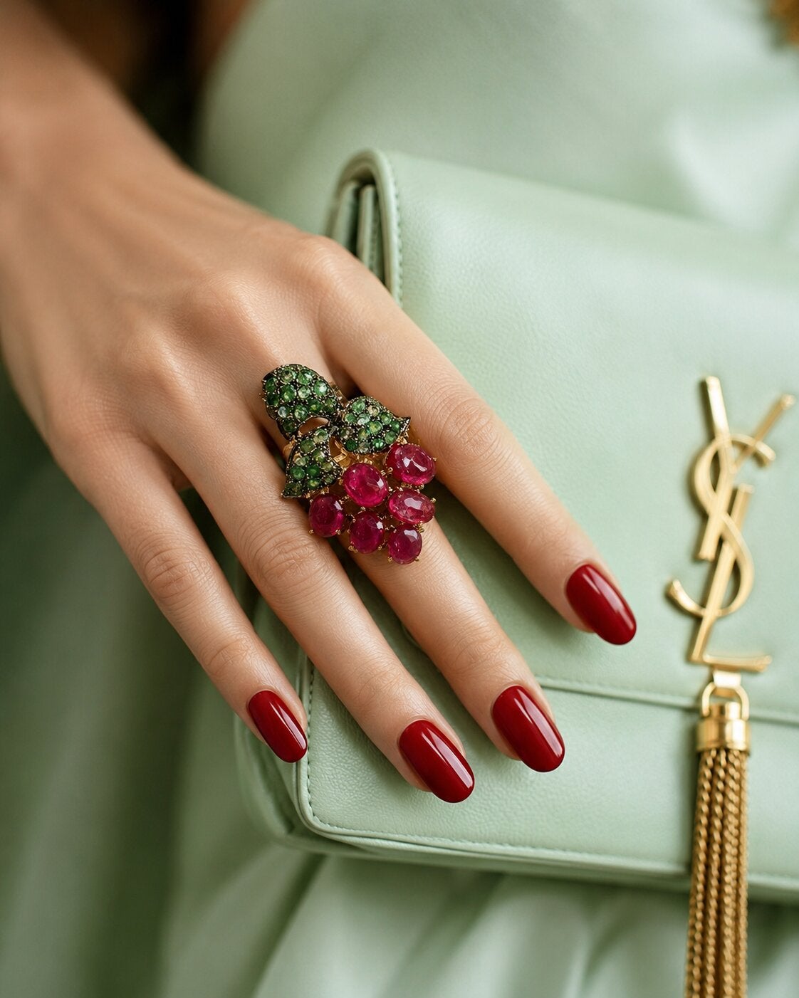 Pre-owned Bochic �orient� Ruby, Emerald & Sapphire Vintage Cluster Ring Set 18k & Silver In Green