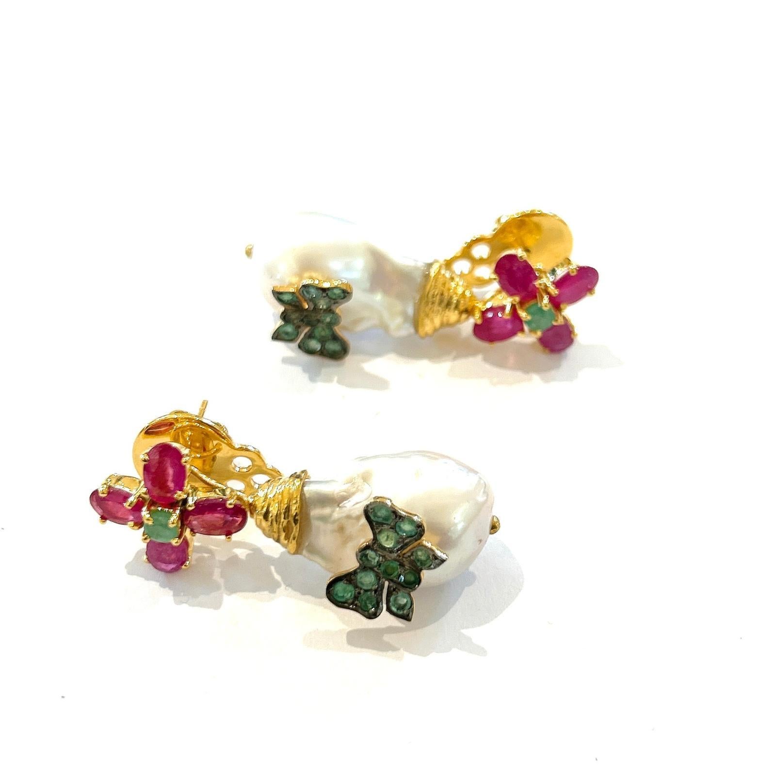 Baroque Bochic “Orient” Ruby, Emerald & South Sea Pearls Earrings In 18K Gold & Silver For Sale