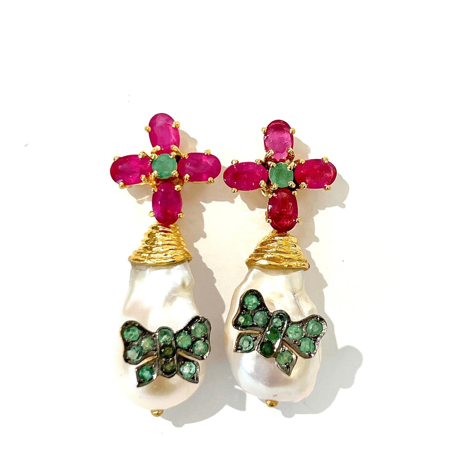 Bochic “Orient” Ruby, Emerald & South Sea Pearls Earrings In 18K Gold & Silver In New Condition For Sale In New York, NY