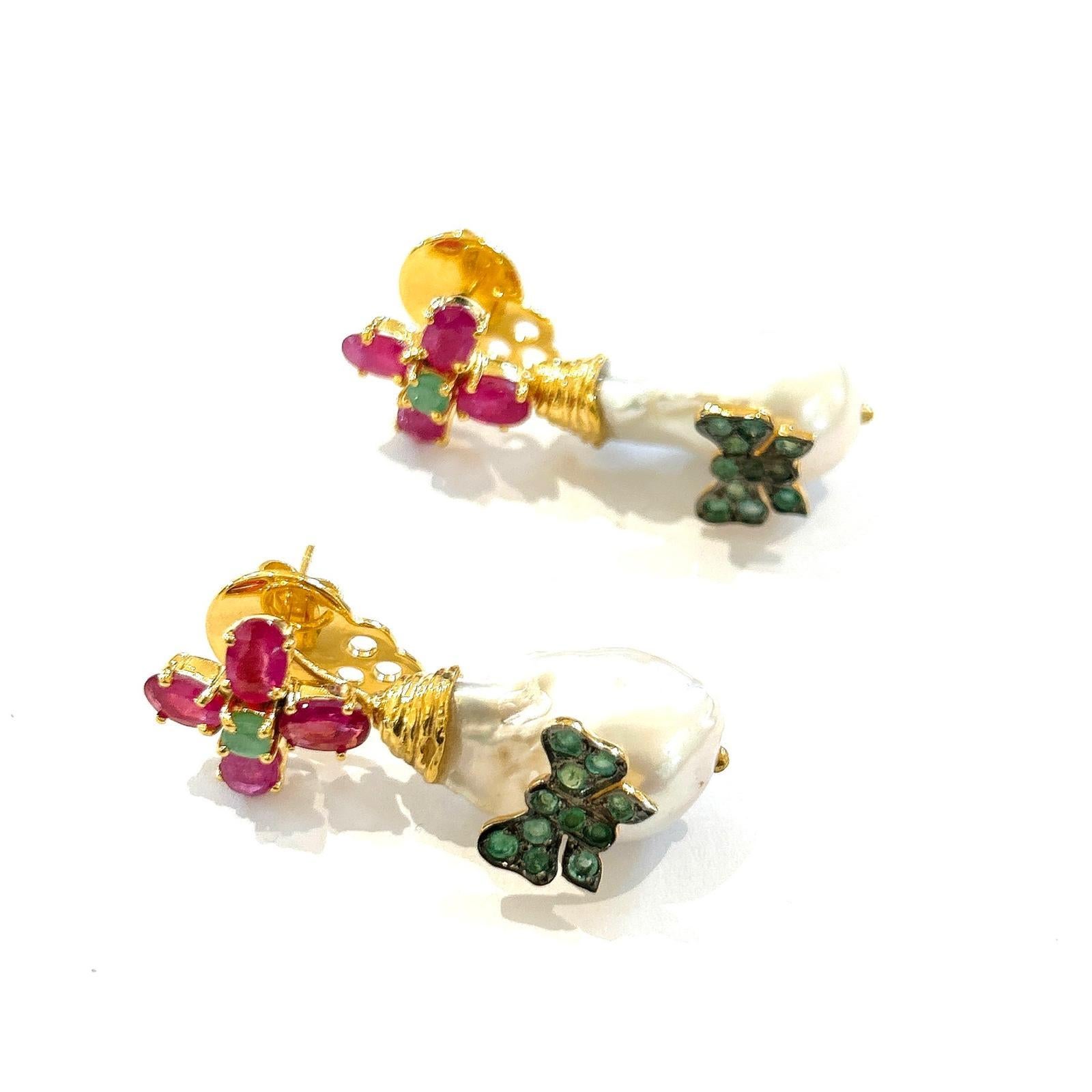 Women's or Men's Bochic “Orient” Ruby, Emerald & South Sea Pearls Earrings In 18K Gold & Silver For Sale