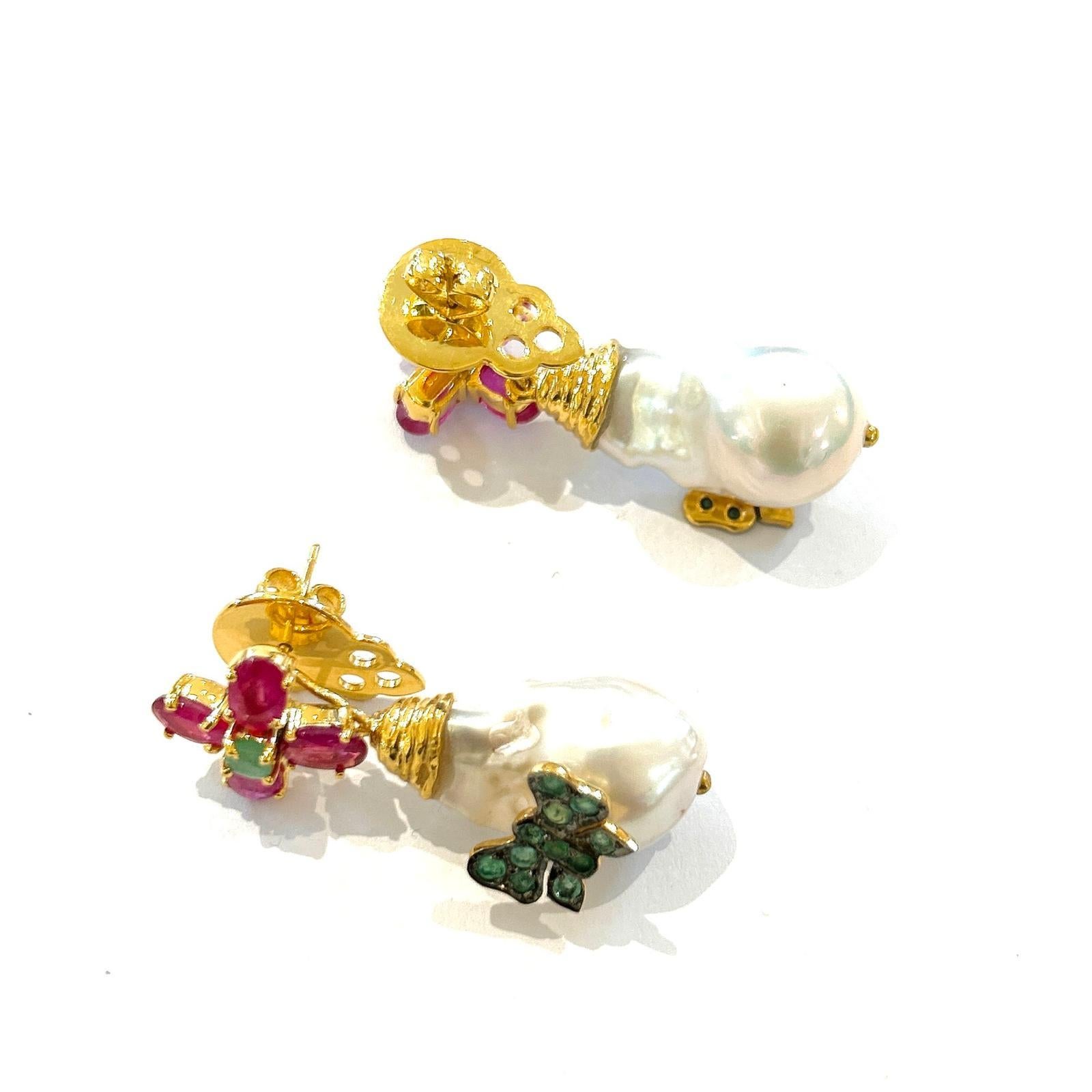 Bochic “Orient” Ruby, Emerald & South Sea Pearls Earrings In 18K Gold & Silver For Sale 3