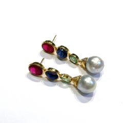 Bochic “Orient” Ruby, Emerlad & Sapphire Pearls Earrings Set 18K Gold & Silver
